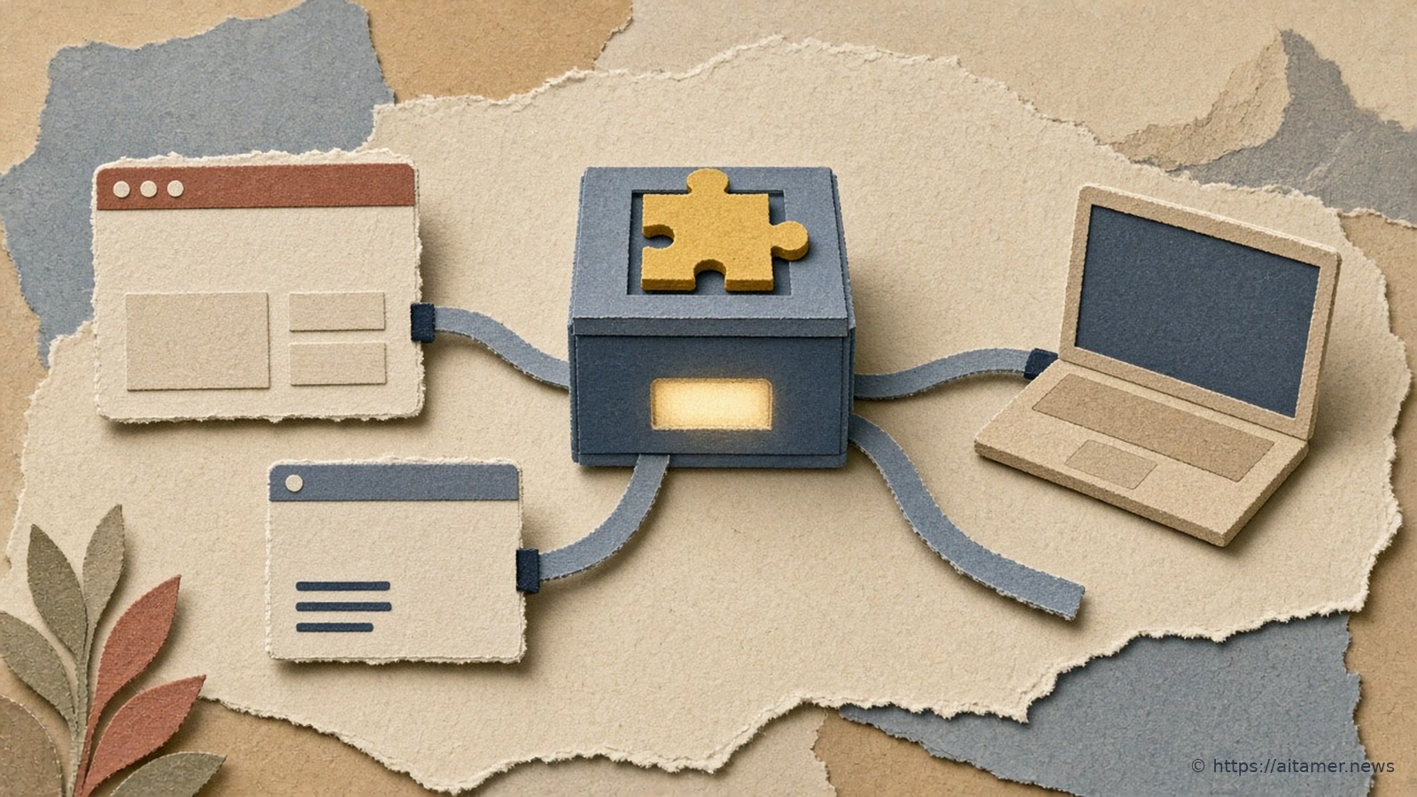 A paper-cut blue box with a glowing slot and a yellow puzzle-piece lid, wired by blue paper cables to two browser windows and a laptop.