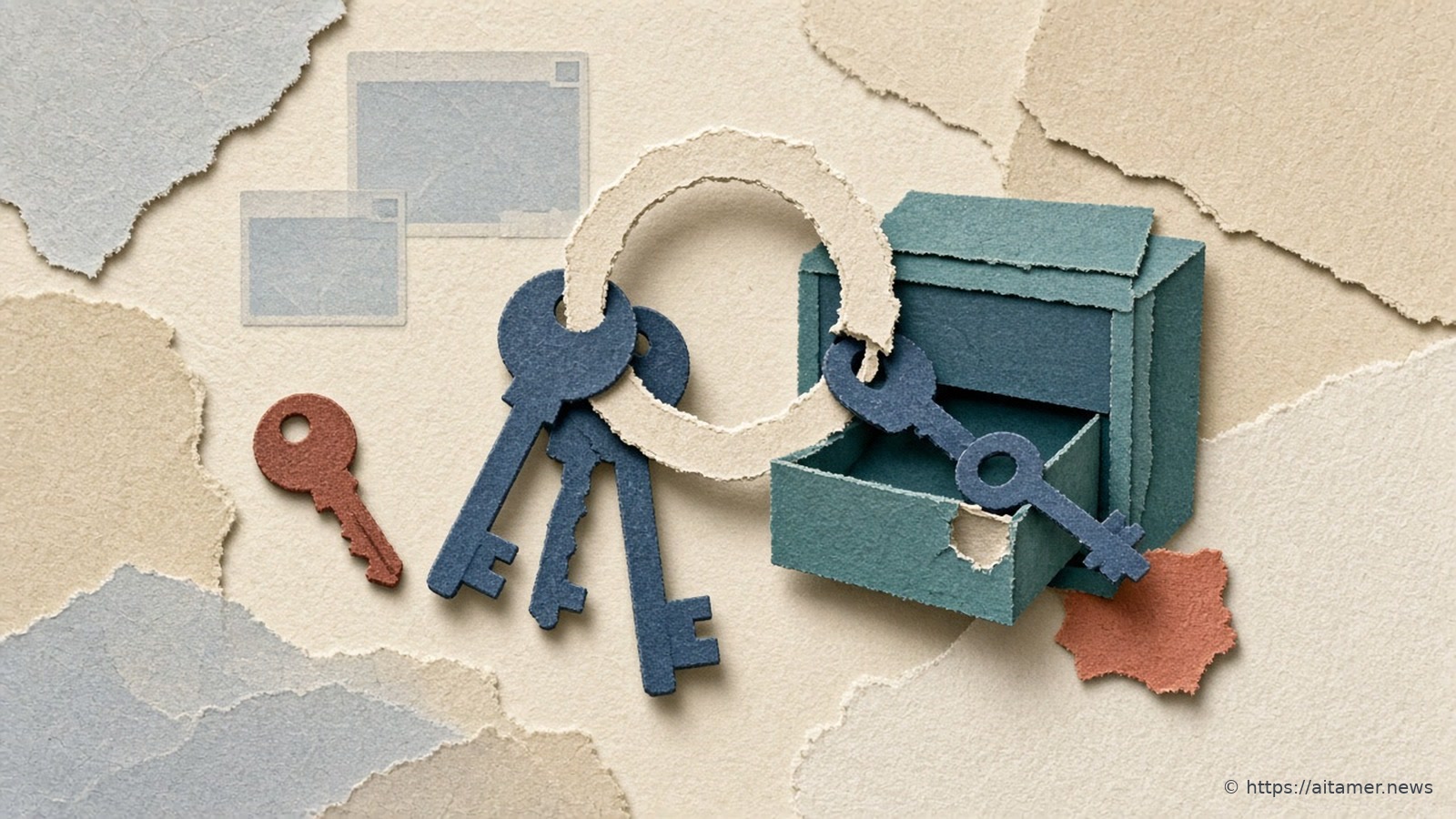 A ring of slate-blue paper keys hangs from a torn cream paper loop into an open teal paper drawer, with a loose rust-red key and a coral paper scrap beside it on layered cream and sand paper.
