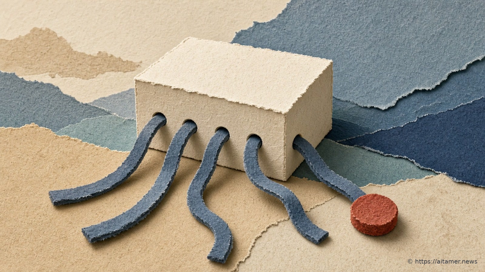 Paper-craft cream block with slate-blue paper strips flowing out of it like routes, and a small coral disc at the end of one, on layered torn paper.