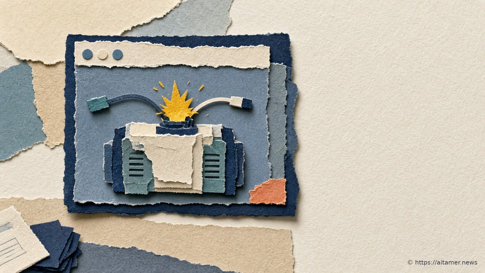 A paper-cut collage of a browser window frame with a small engine block tucked inside it.