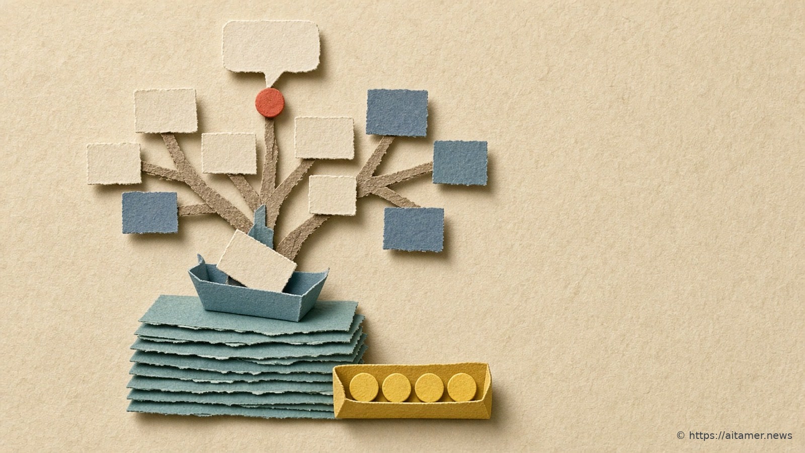 Cut-paper illustration of a hierarchical tree of cards rooted in table-like layers, with a funnel checking a falling card against a tray of yellow reference tokens.
