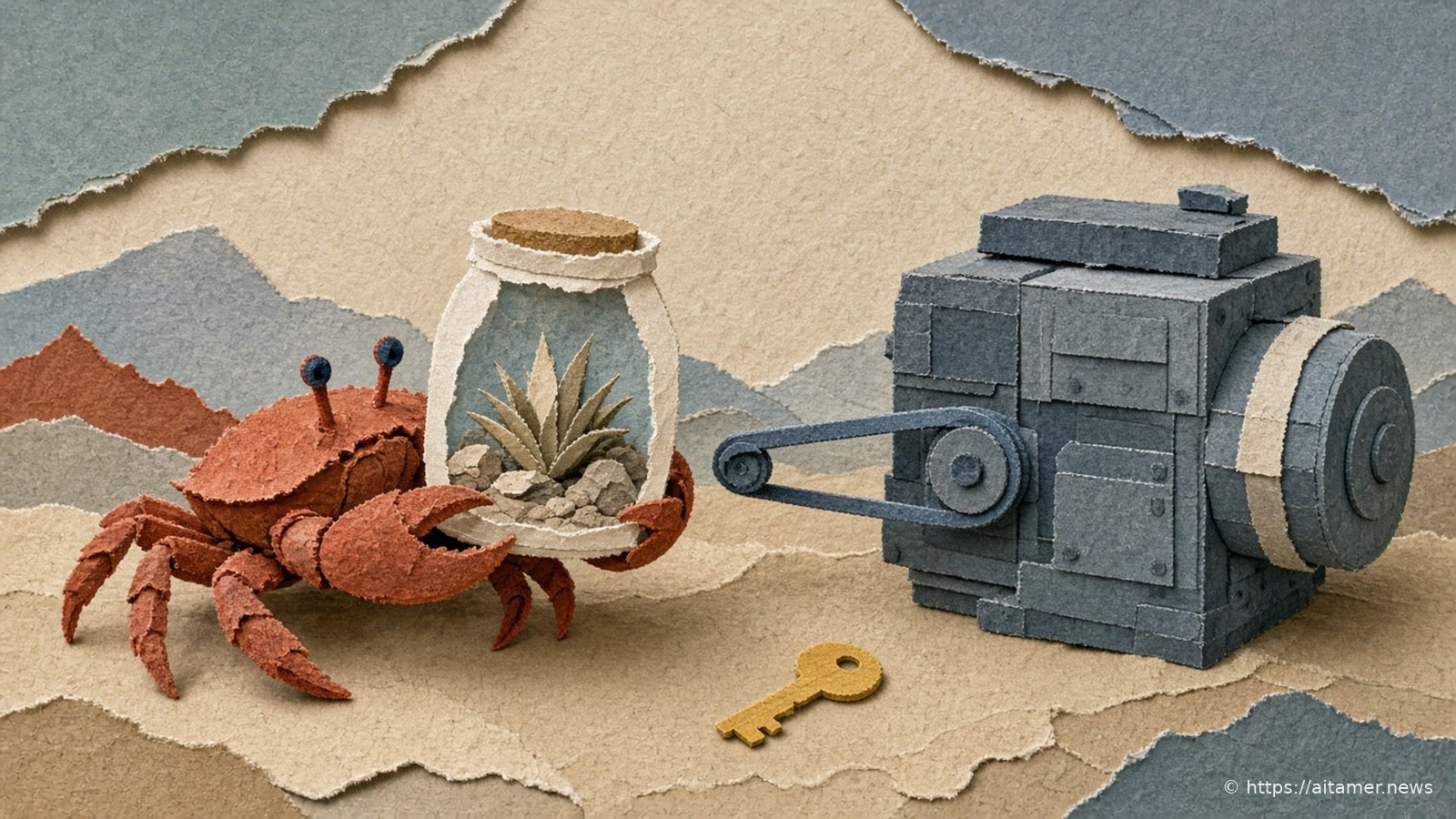 A rust-red cut-paper crab carrying a small glass terrarium toward a slate-blue paper engine with a drive belt, a small yellow key lying nearby.