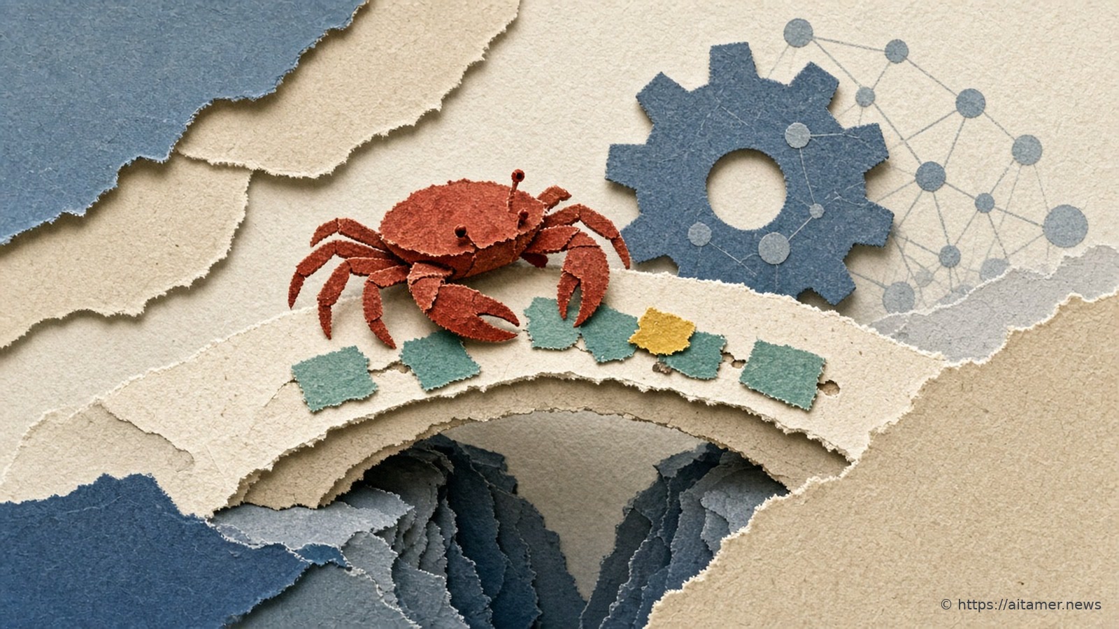 A rusty-red paper crab crosses a cream paper bridge over a gap, laid with teal patches and one yellow patch, in front of a slate-blue paper gear and a faint node graph.