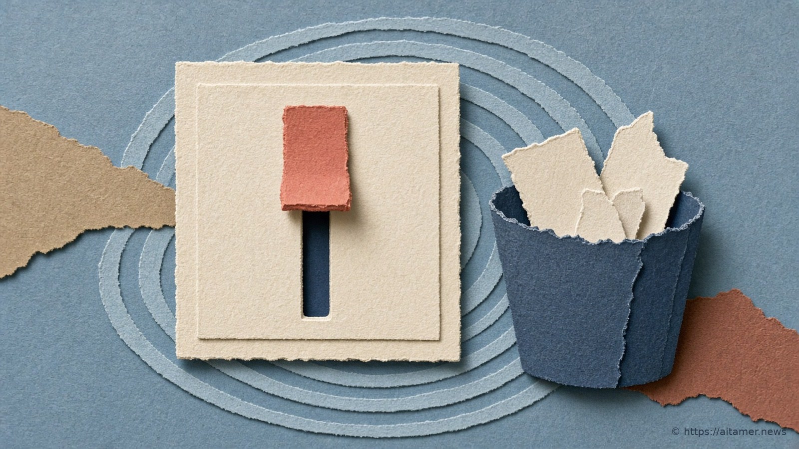Paper-cut illustration of a slider pushed to the top of its panel beside a small wastebasket holding blank paper cards.