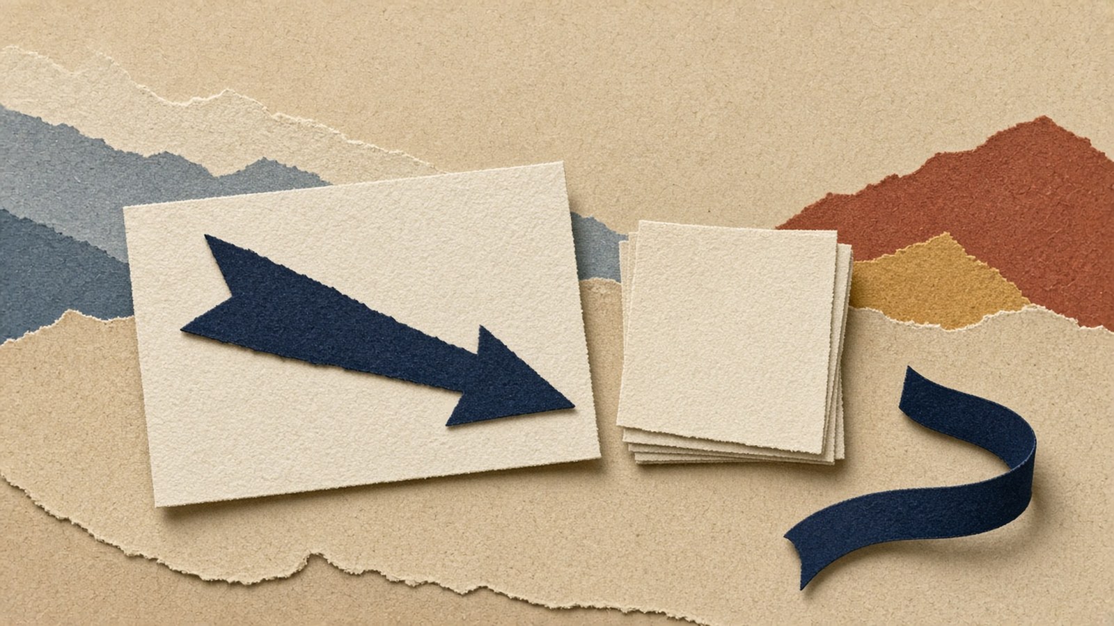 Navy arrow on an index card points at a short stack of cream pages, with a thin navy ribbon on sand paper ground.