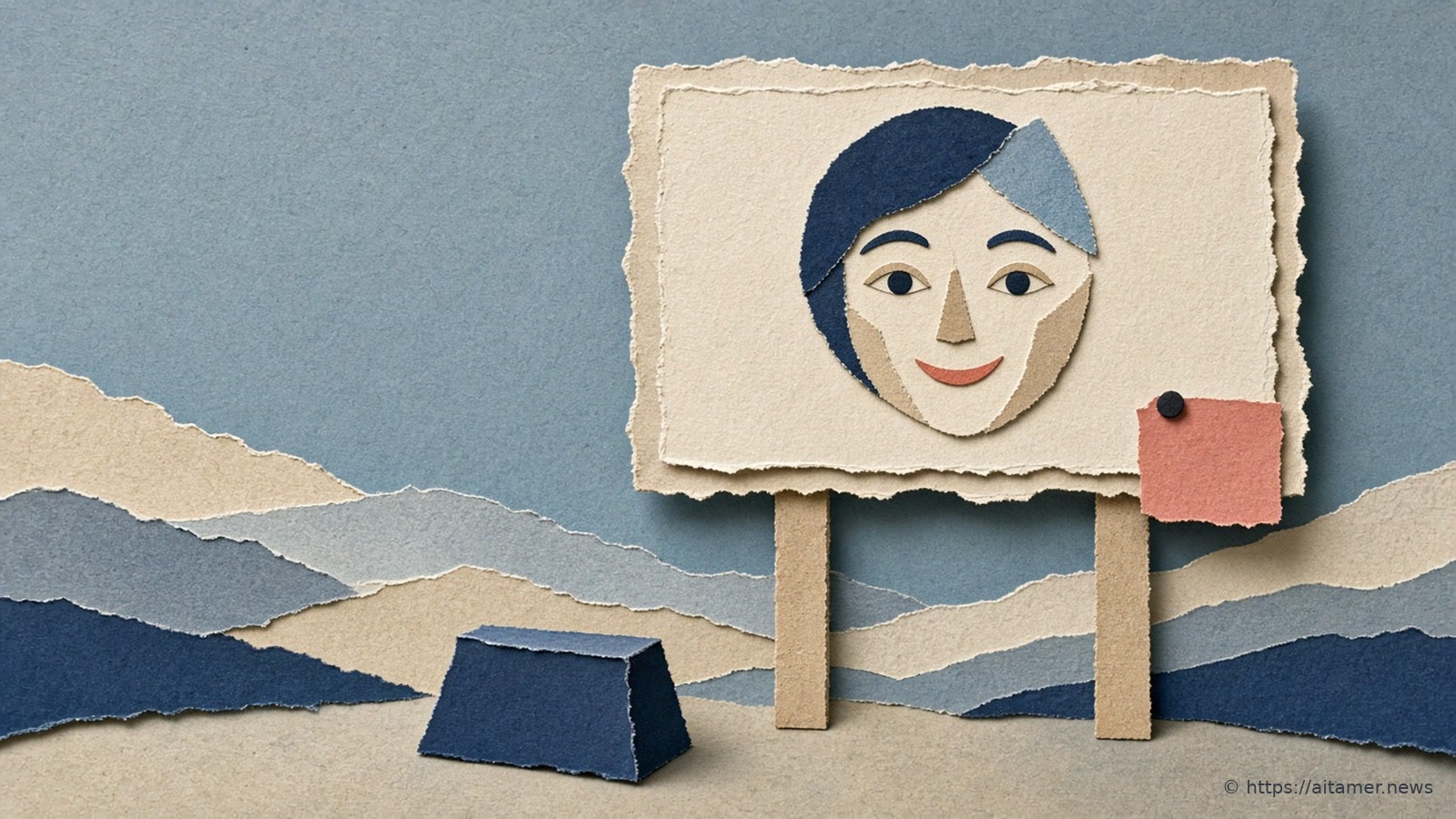 Cut-paper billboard on two posts showing a smiling face pieced from mismatched paper scraps, with a blank coral tag pinned to its corner and a navy keystone shape on the ground.