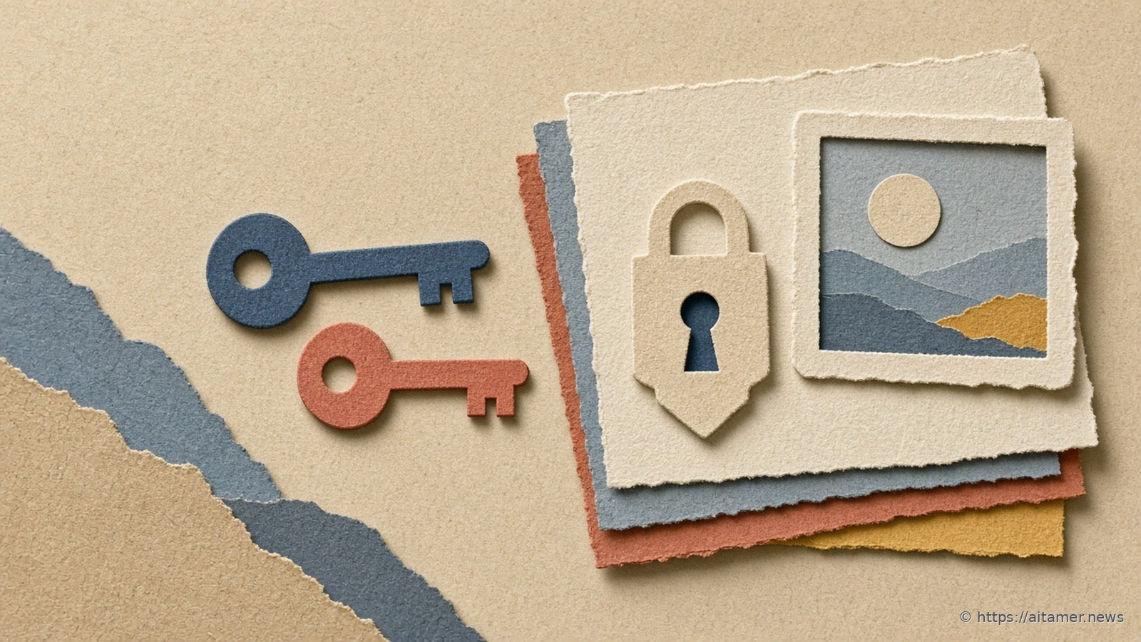 Paper-cut large slate key and small coral key of the same shape facing one cream lock on a stack of pages with a picture slide.