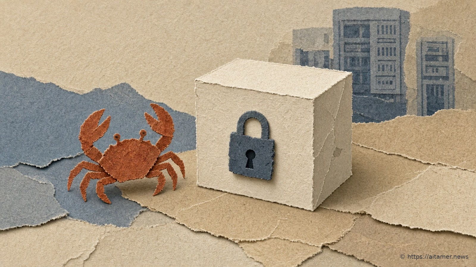 Paper-craft scene of a rust-red crab beside a sealed cream box with a slate-blue padlock, faint server towers in the background on layered torn paper.