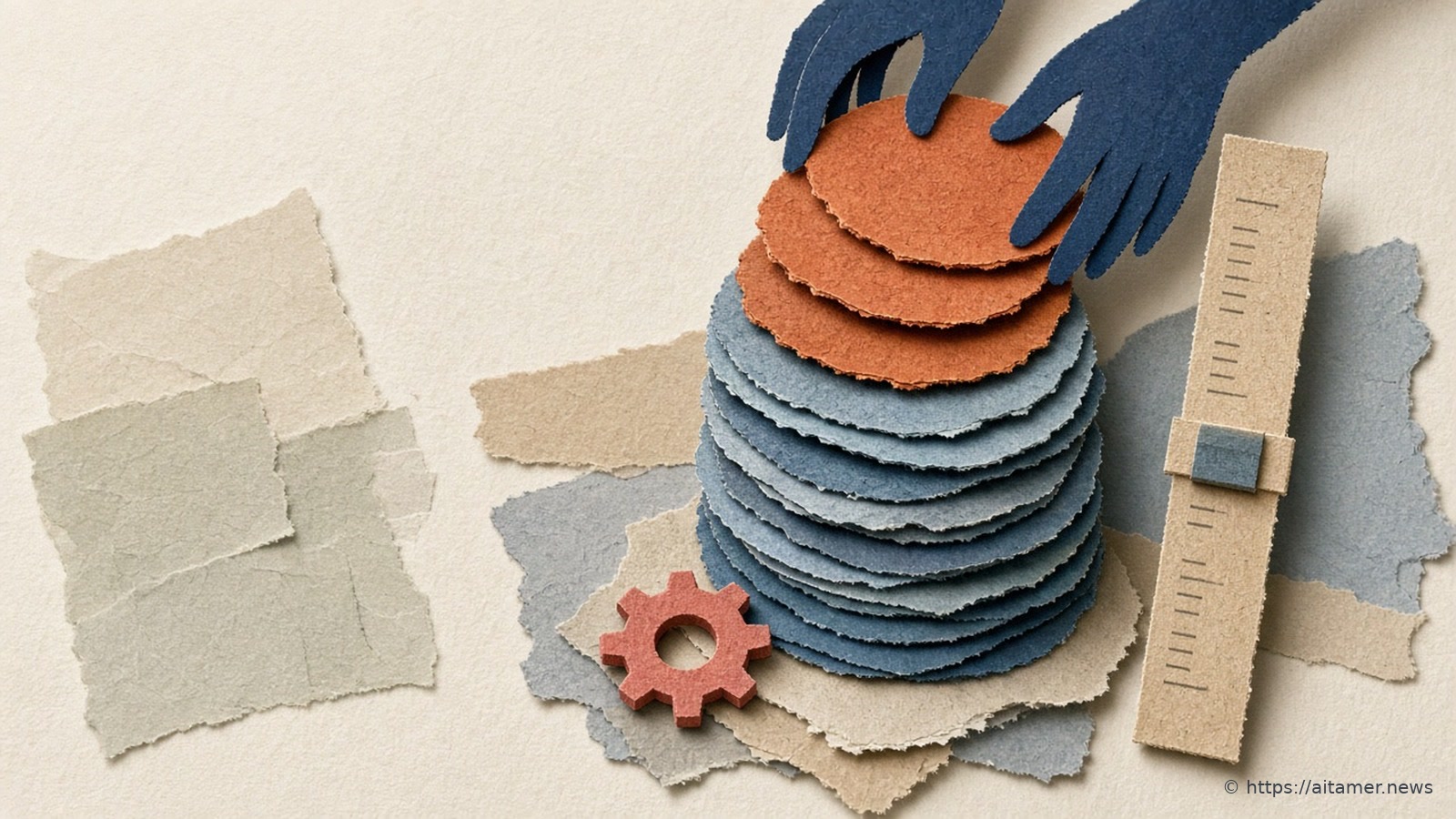 Cut-paper illustration of navy paper hands placing rust-orange discs on top of a slate-blue disc stack, beside a tall paper measuring stick with a sliding marker and a small coral gear.