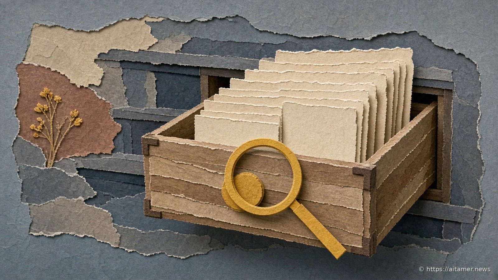 Paper-cut wooden card-catalog drawer pulled open, blank cream cards at stepped heights and a yellow magnifier on its front.