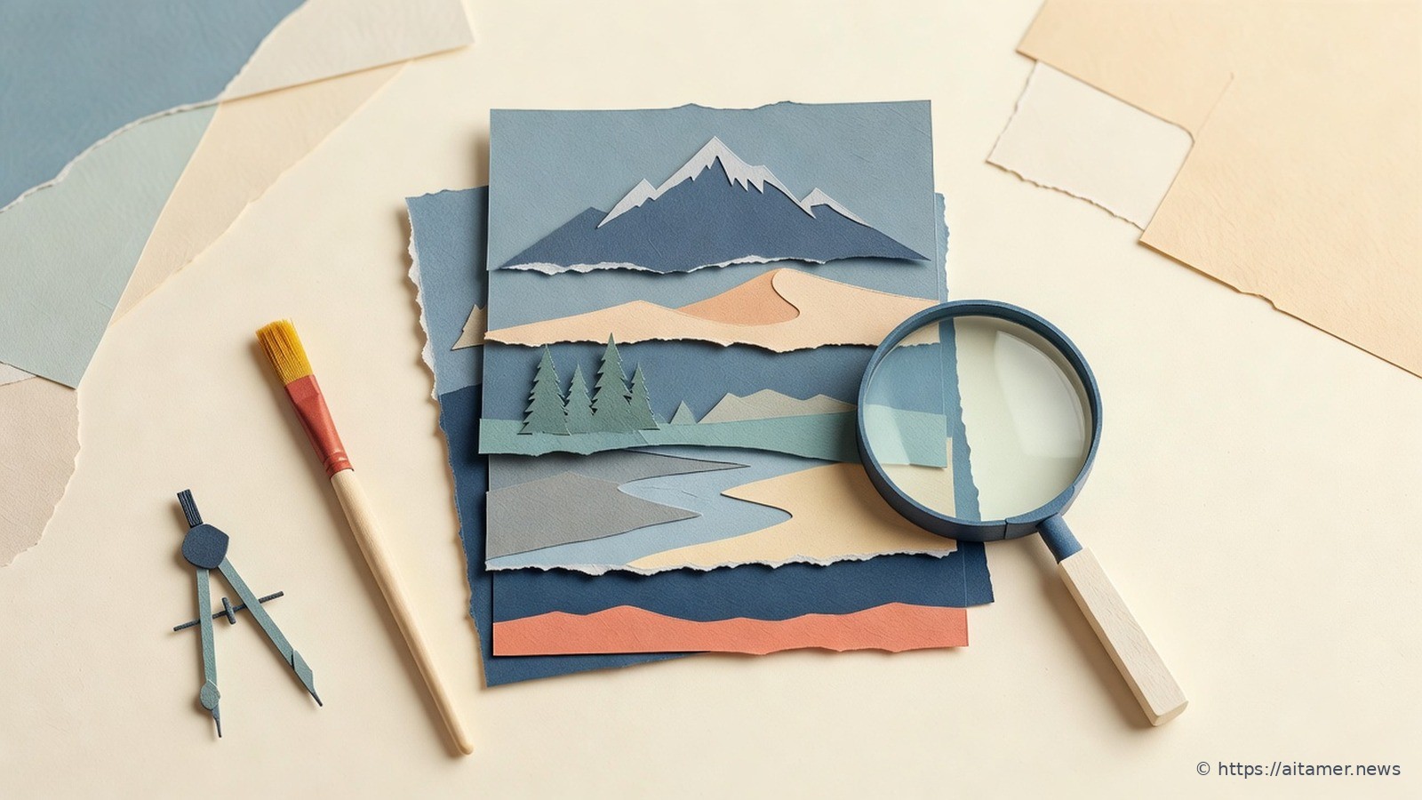 Paper-cut illustration of offset paper layers forming a mountain and river landscape on a drafting table, with a paintbrush, a drafting compass and a magnifying glass inspecting one corner.