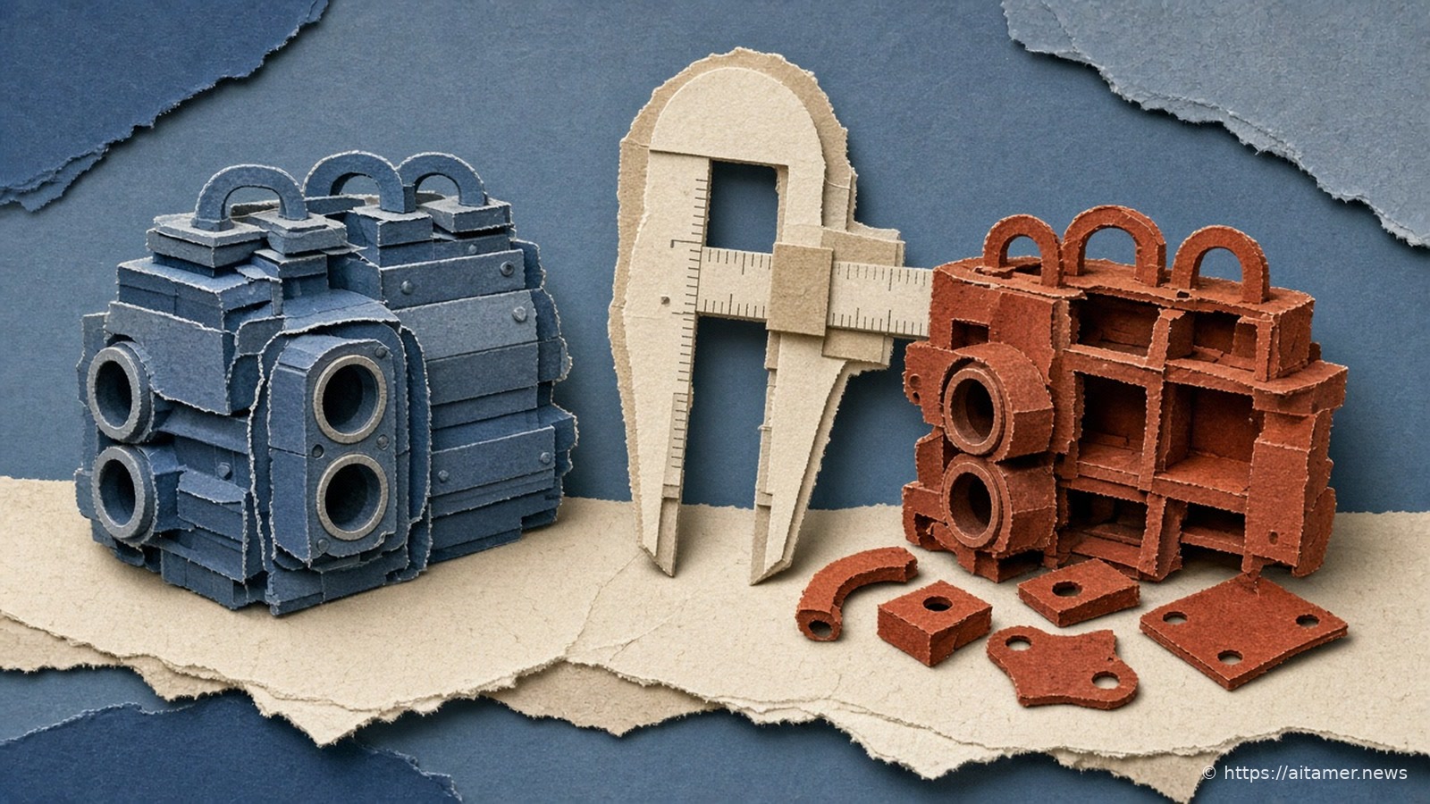Paper collage of a blue engine beside a matching rust-colored engine still being rebuilt from loose parts, with a paper caliper standing between them.