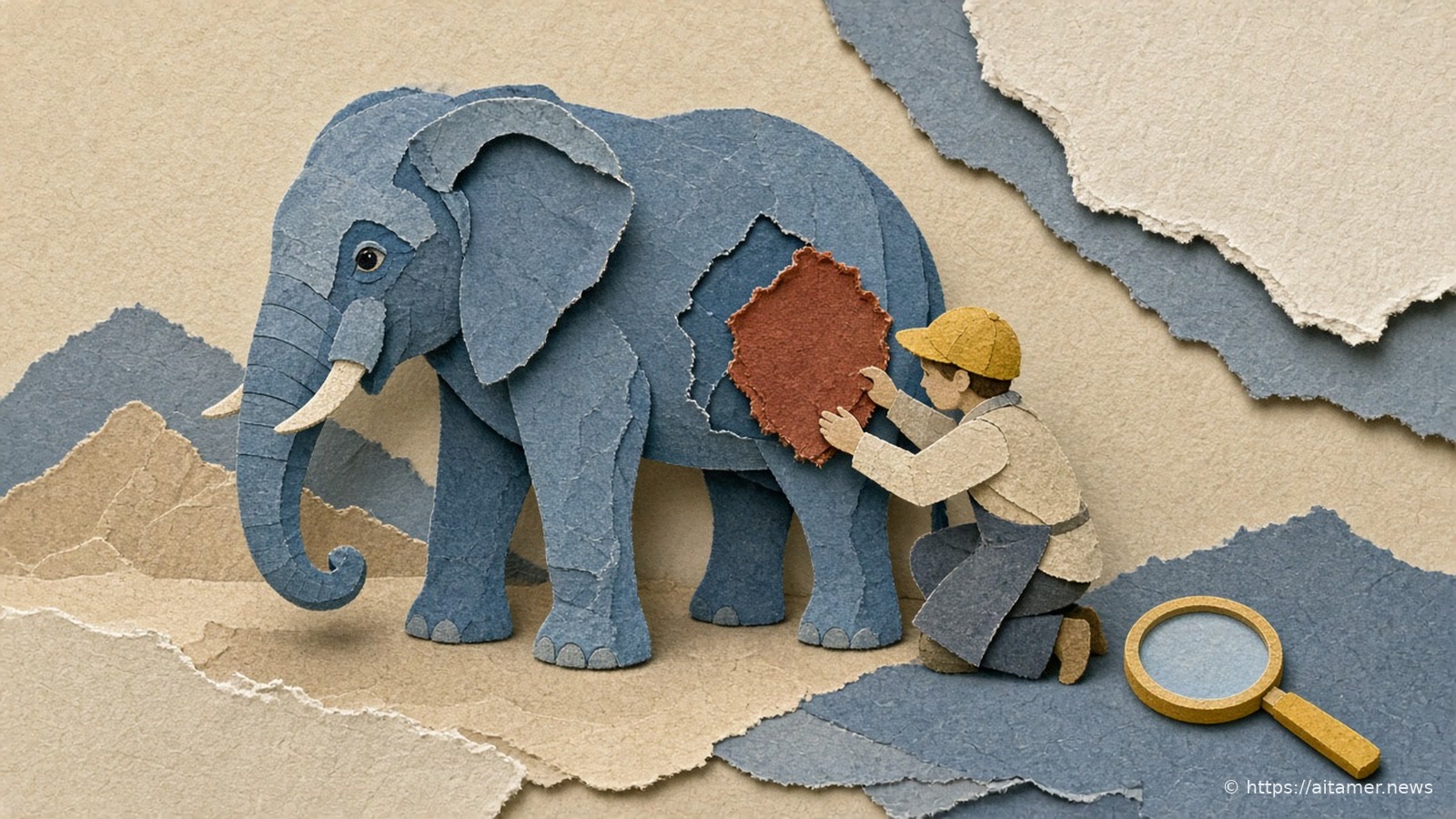 Paper-cut illustration of a dusty blue elephant while a small figure patches a torn seam on its side, with a magnifying glass on the ground.