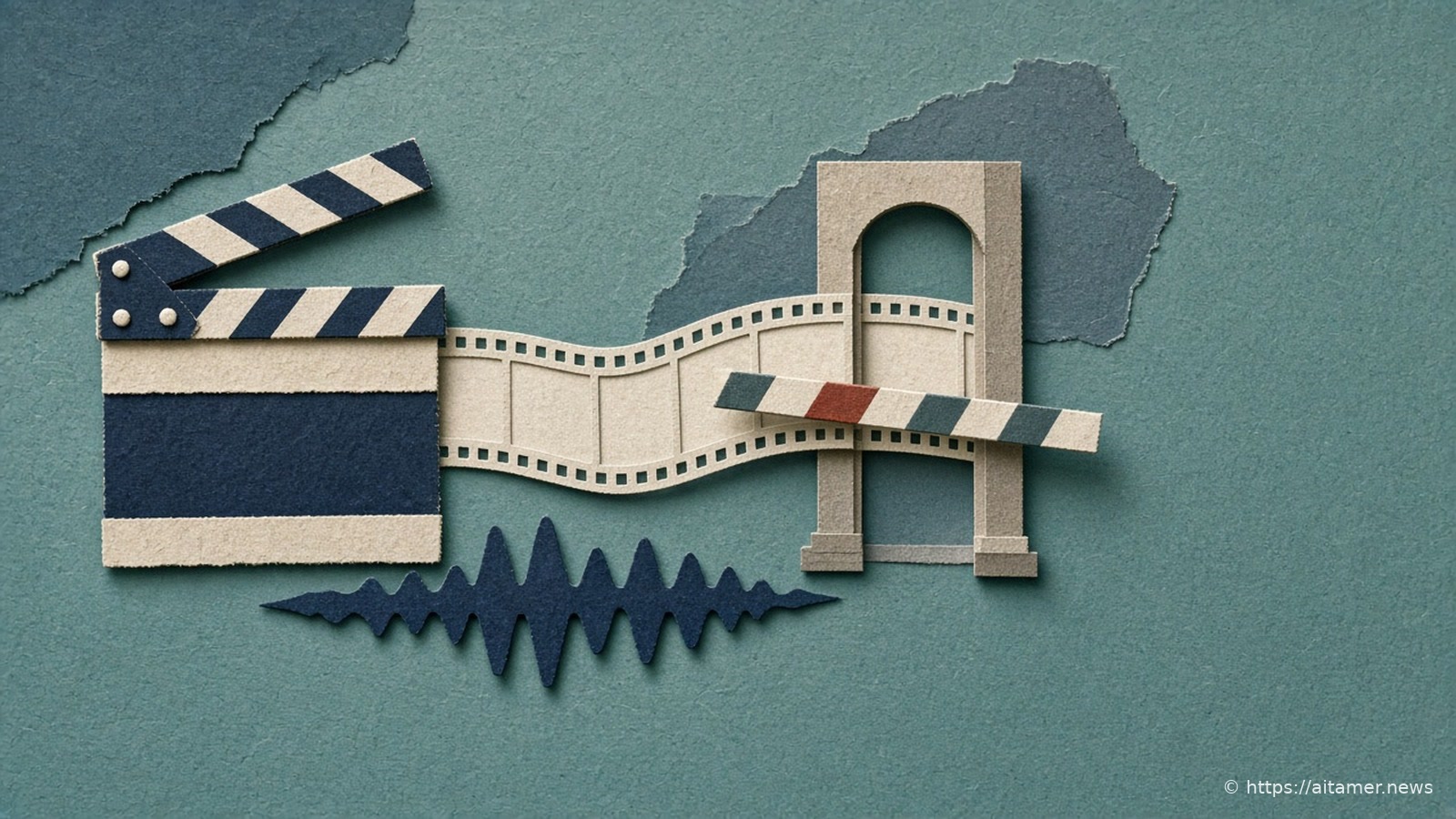 A paper-cut collage of an open clapperboard unspooling a film strip and sound ribbon toward a half-lowered border barrier.
