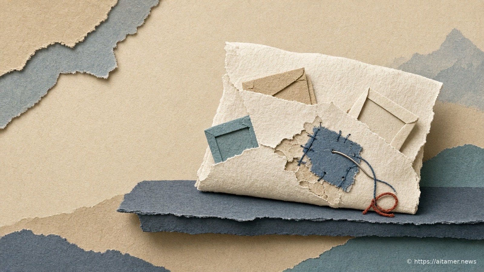 Paper collage of a soft paper pouch holding small photo frames, with a torn patch being stitched closed by a needle and thread.