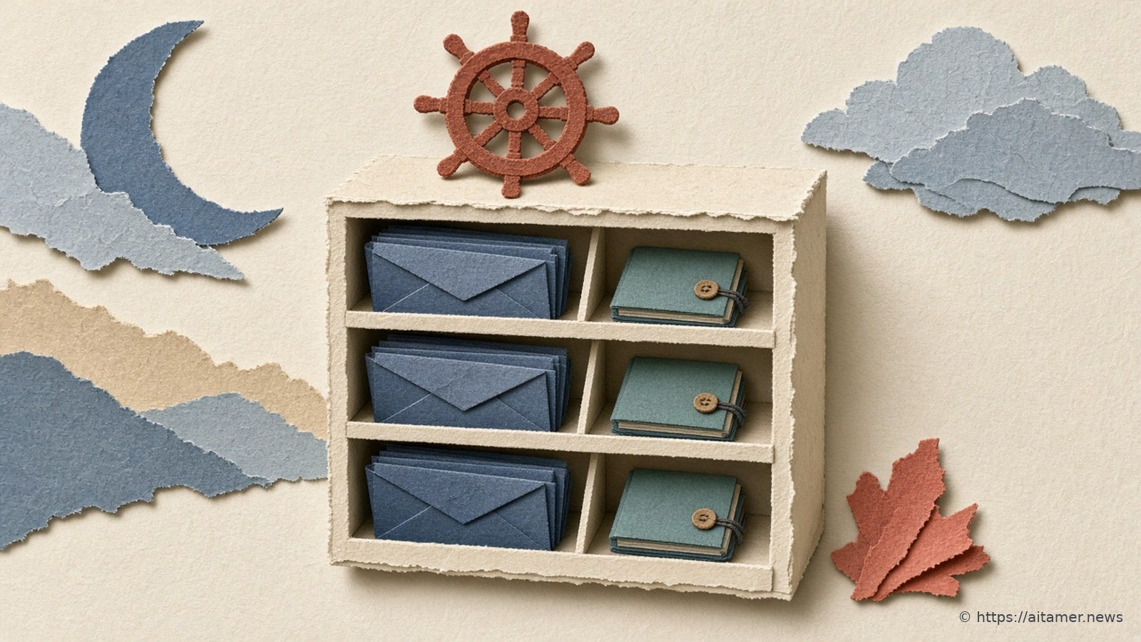 A cream paper shelf holds rows of blue envelopes and green notebooks under a rust-red ship's wheel, with a paper crescent moon, clouds and hills behind it.