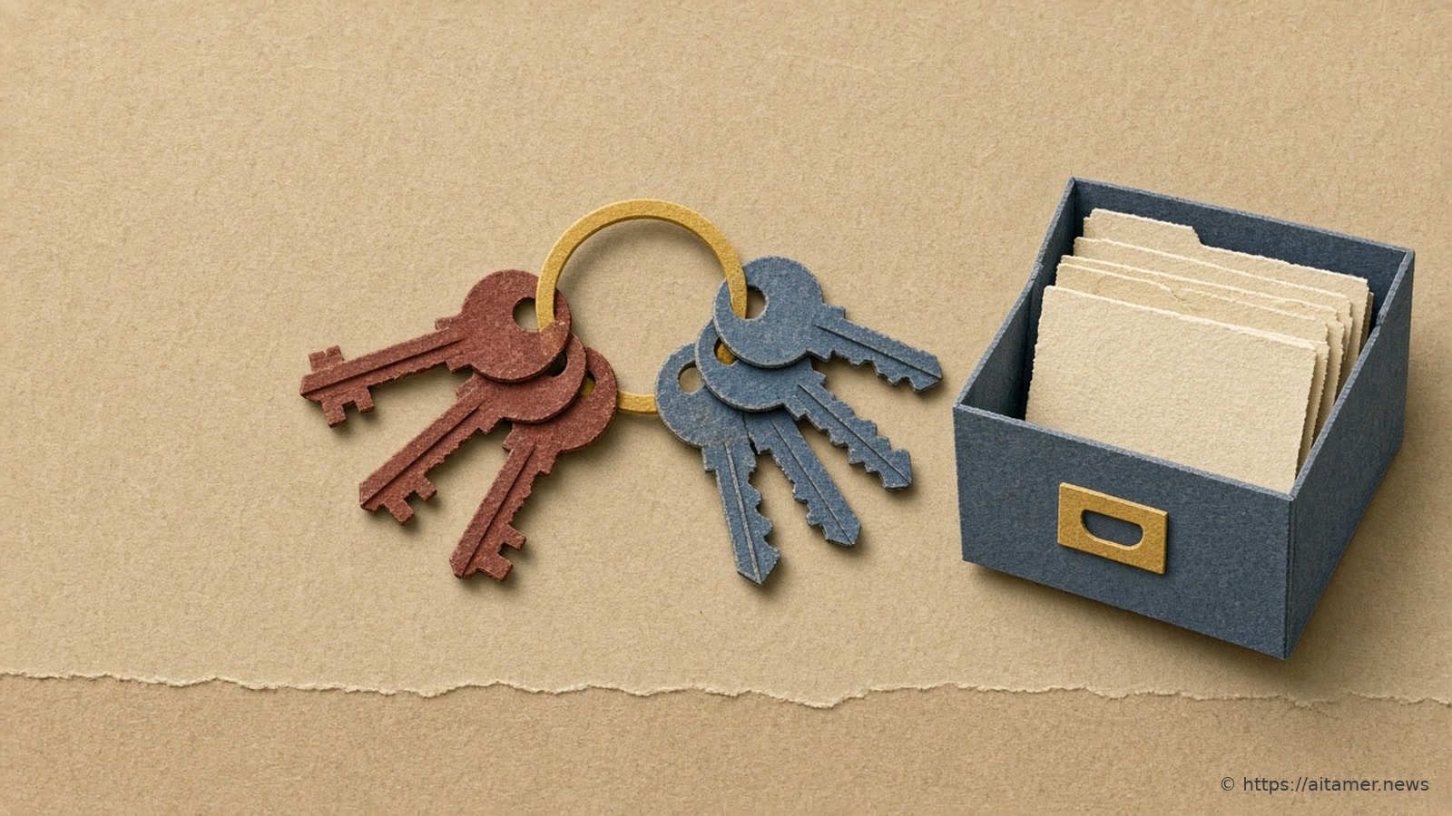 Paper-cut illustration of a mustard key ring holding rust-red and slate-blue keys beside a navy card-file box full of cream index cards.