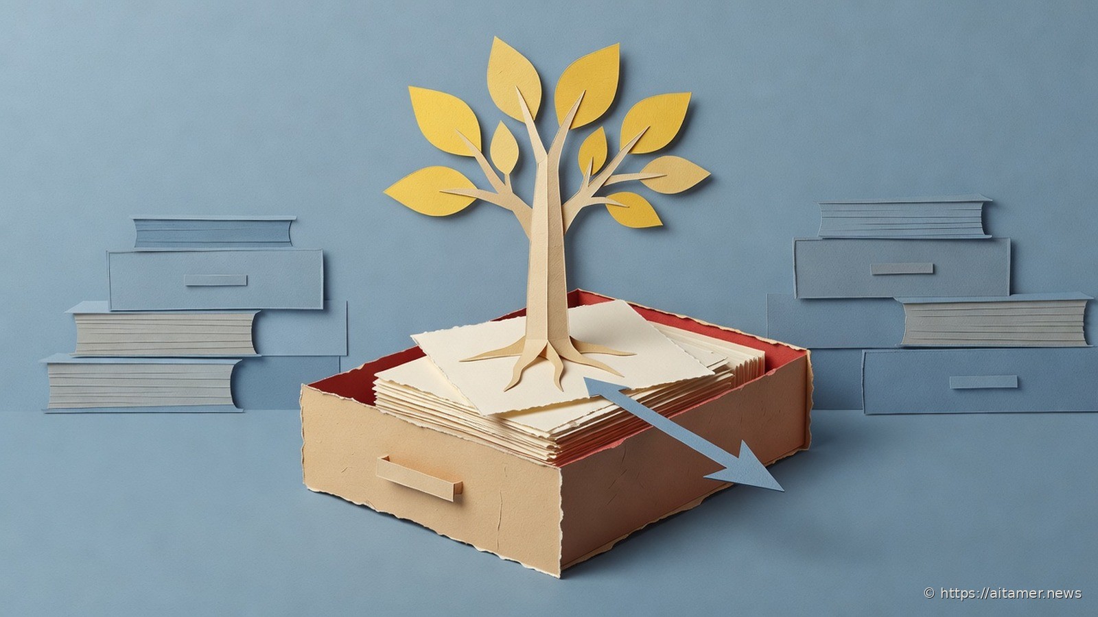Paper-cut illustration of an open card-catalogue drawer with a yellow-leaved paper tree growing from its index cards and a blue arrow pointing out of the drawer.