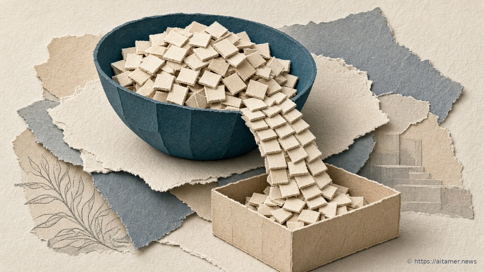 Paper-cut navy bowl overflowing with small cream tiles that cascade down into an open cardboard box below.