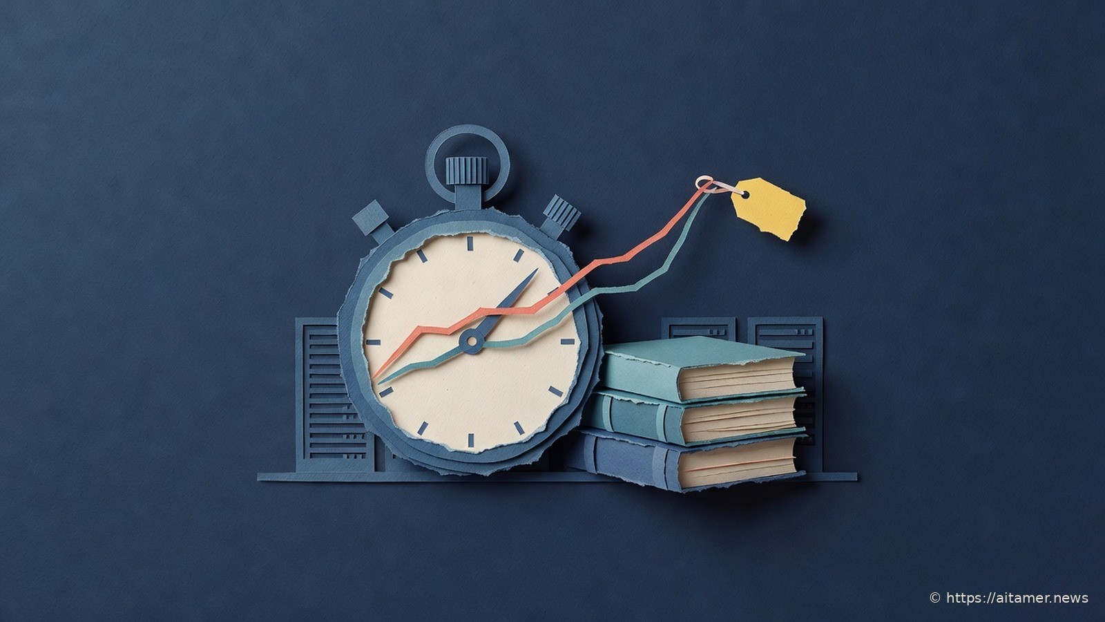 Paper-cut illustration of a stopwatch with two close rising chart lines across its face, a small yellow tag on the leading line, and a stack of books beside it.