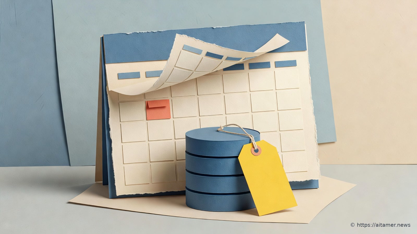 Paper-cut illustration of a wall calendar with its top sheet curling back and one square marked by a coral tab, and a stack of blue discs in front with a blank yellow tag tied on.