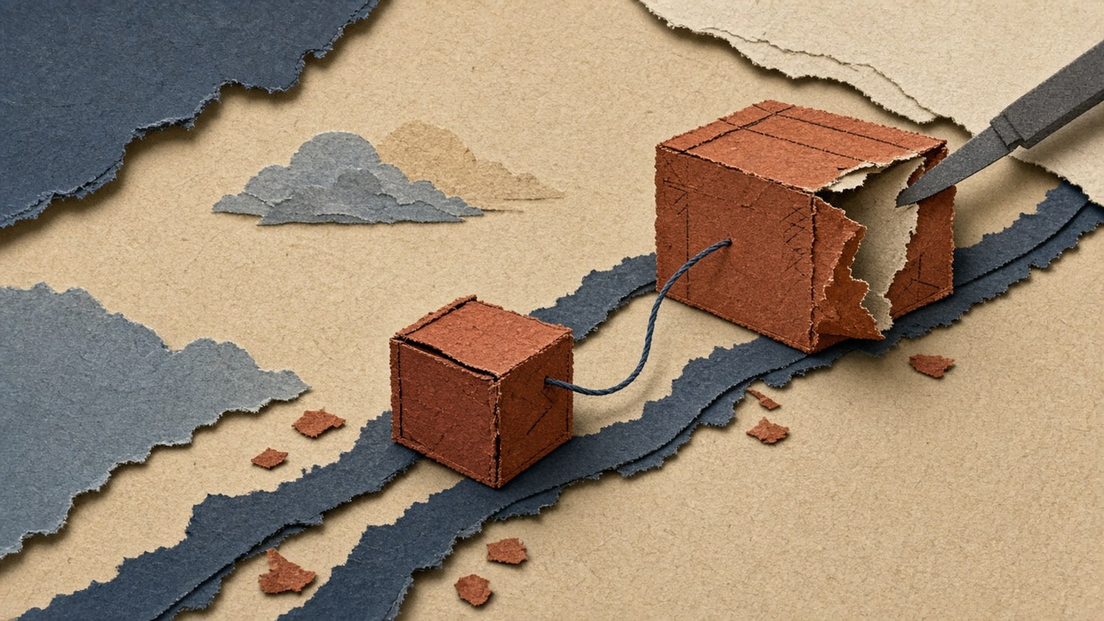 Smaller rust paper crate leads on a track while a larger crate is still being cut open, linked by a slate-blue thread.