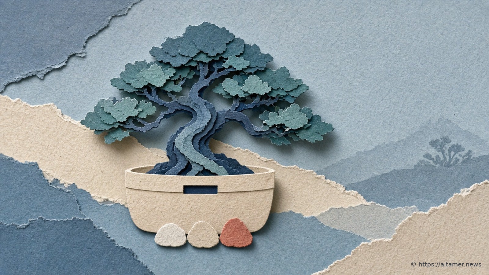 A layered teal and slate paper bonsai tree in a small cream pot with three pebbles, cream, sand and coral, against blue paper hills.