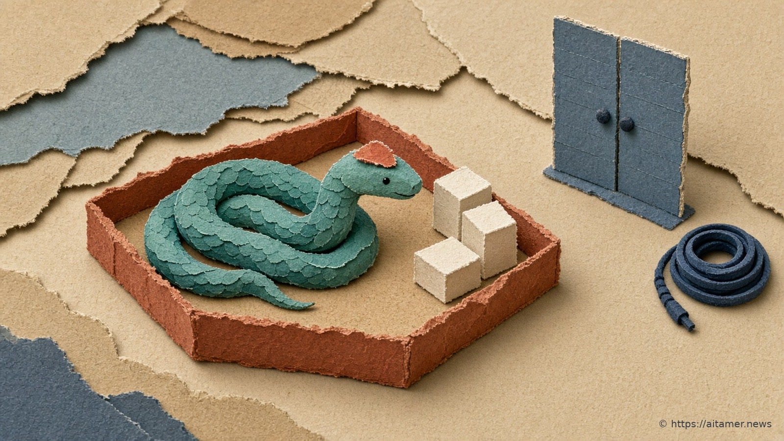 A teal paper snake with a coral head patch coils inside a rust-red paper sandbox frame beside three cream blocks, while a closed slate-blue paper door and a coiled navy cable stand outside.
