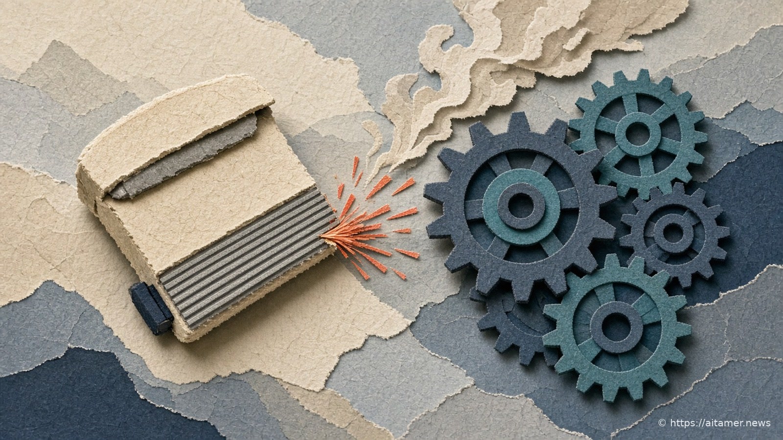 An open cream paper box with slate fins sending coral sparks and a cream smoke swirl toward a cluster of slate and teal paper gears.