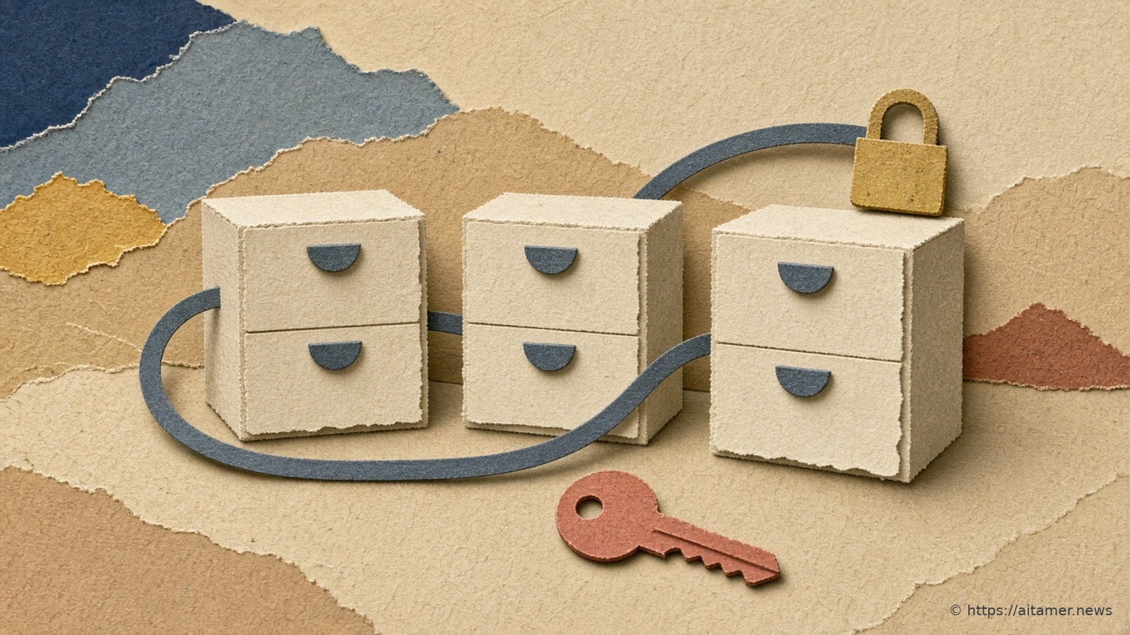 Paper-cut illustration of three filing cabinets linked by tubes, one tube with a half-closed padlock and a key lying in front of them.