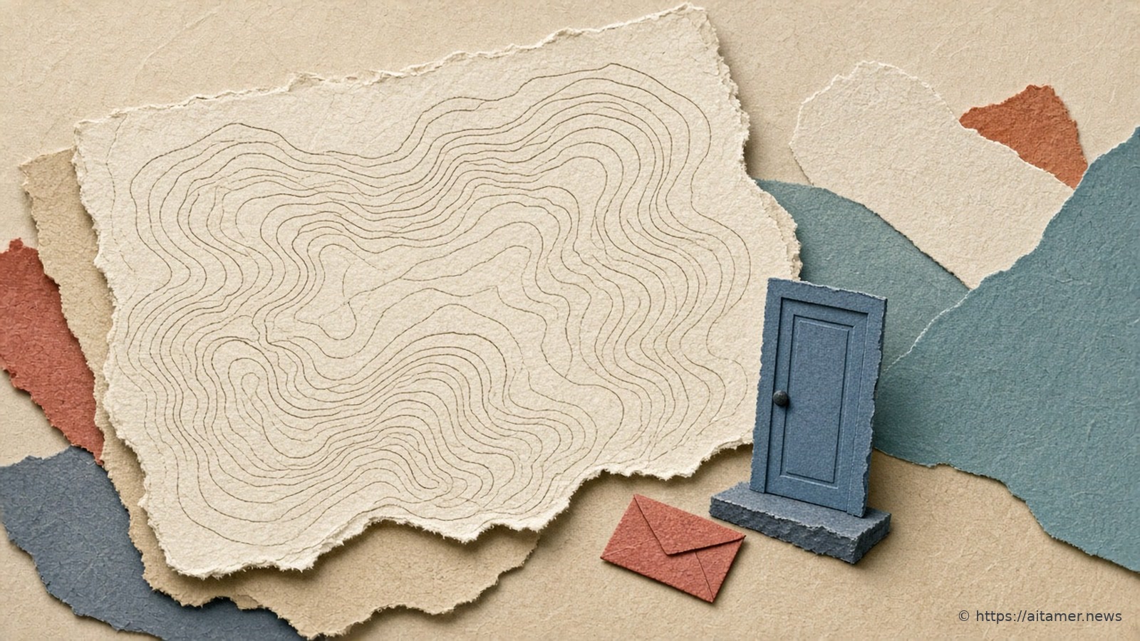 A cream paper topographic map with contour lines beside a small slate-blue paper door standing shut, with a coral paper envelope left on its doorstep.