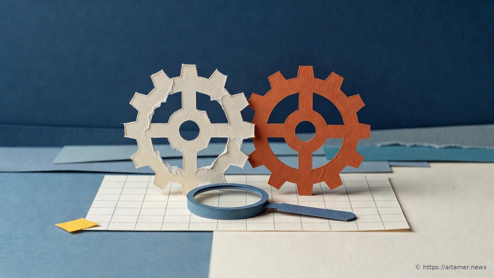 A frayed cream paper gear and a crisp rust-orange paper gear stand side by side over a paper grid, with a steel-blue magnifying loupe between them comparing the two.