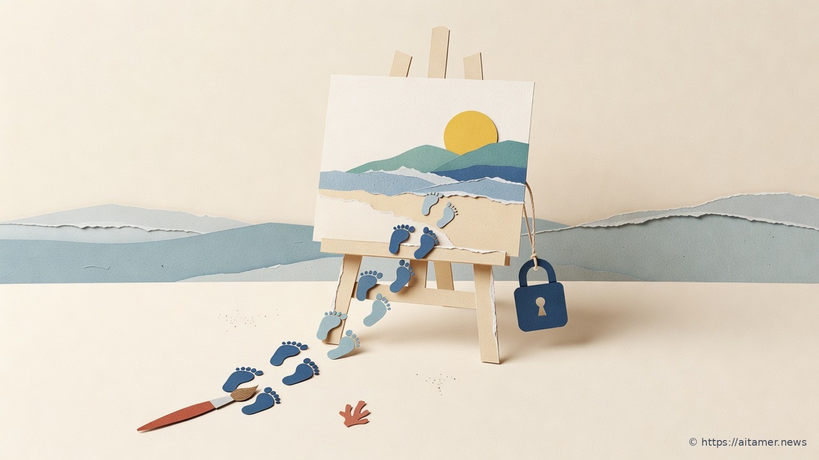 Paper footprints run from a dropped paintbrush up to an easel holding a finished paper landscape, with a small blue padlock hanging from the easel.