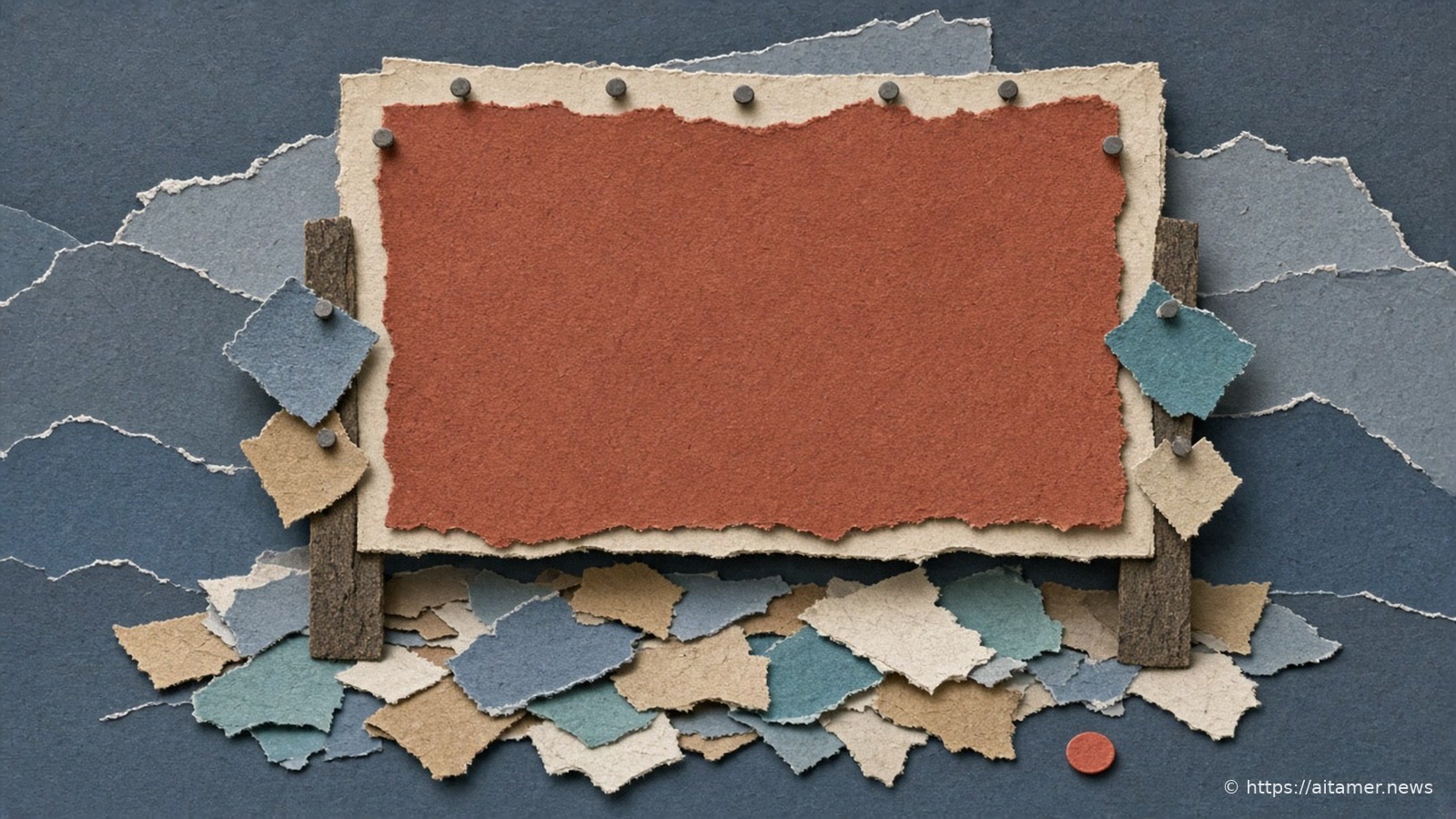 Cut-paper illustration of a cream notice board covered by a big rust-red sheet, with many small colored paper slips piling up around its posts.