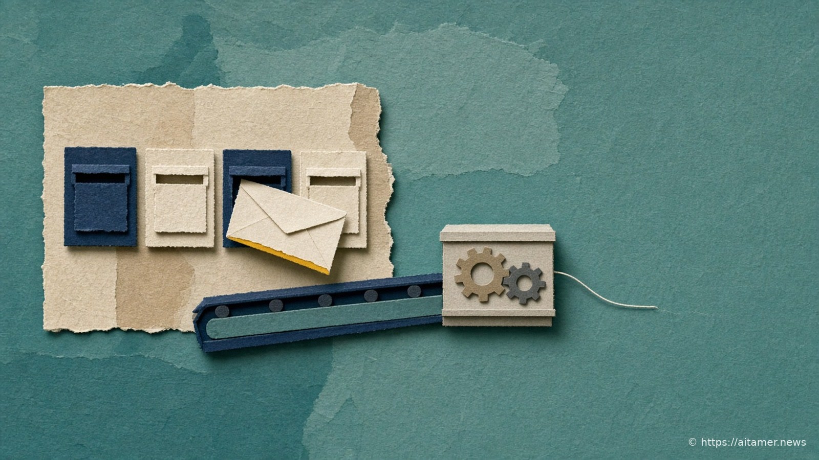 A paper-cut collage of a row of mailbox slots where one envelope slides onto a conveyor into a gear machine with a thread trailing out.