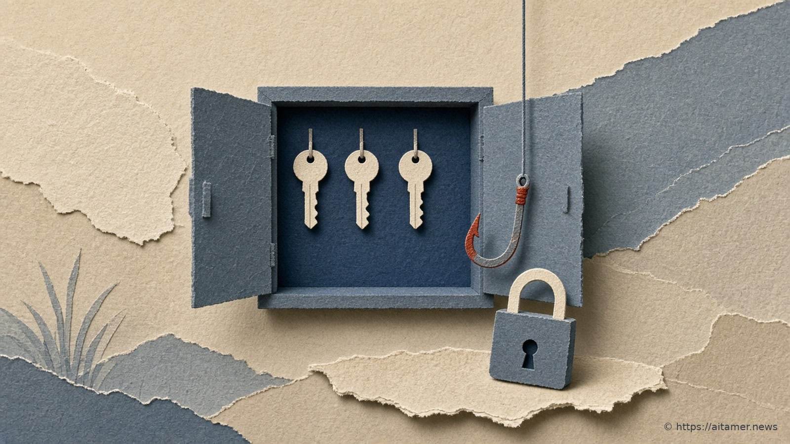 Paper-cut illustration of an open key cabinet with keys hanging inside as a fishing hook lowers toward one key, above an unlocked padlock.