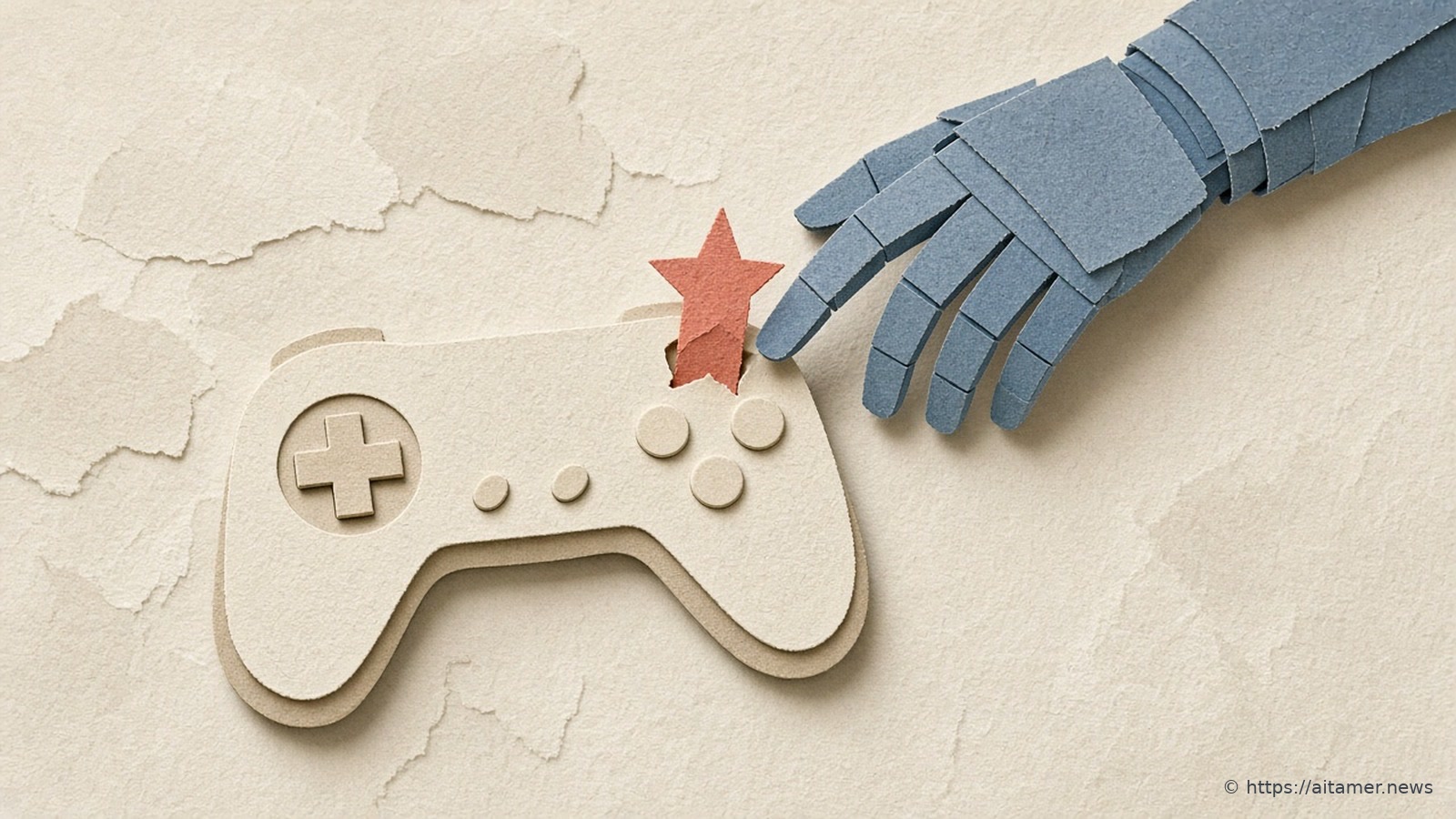 A slate blue paper robot hand reaching for a cream paper game controller, with a small coral star rising from it.