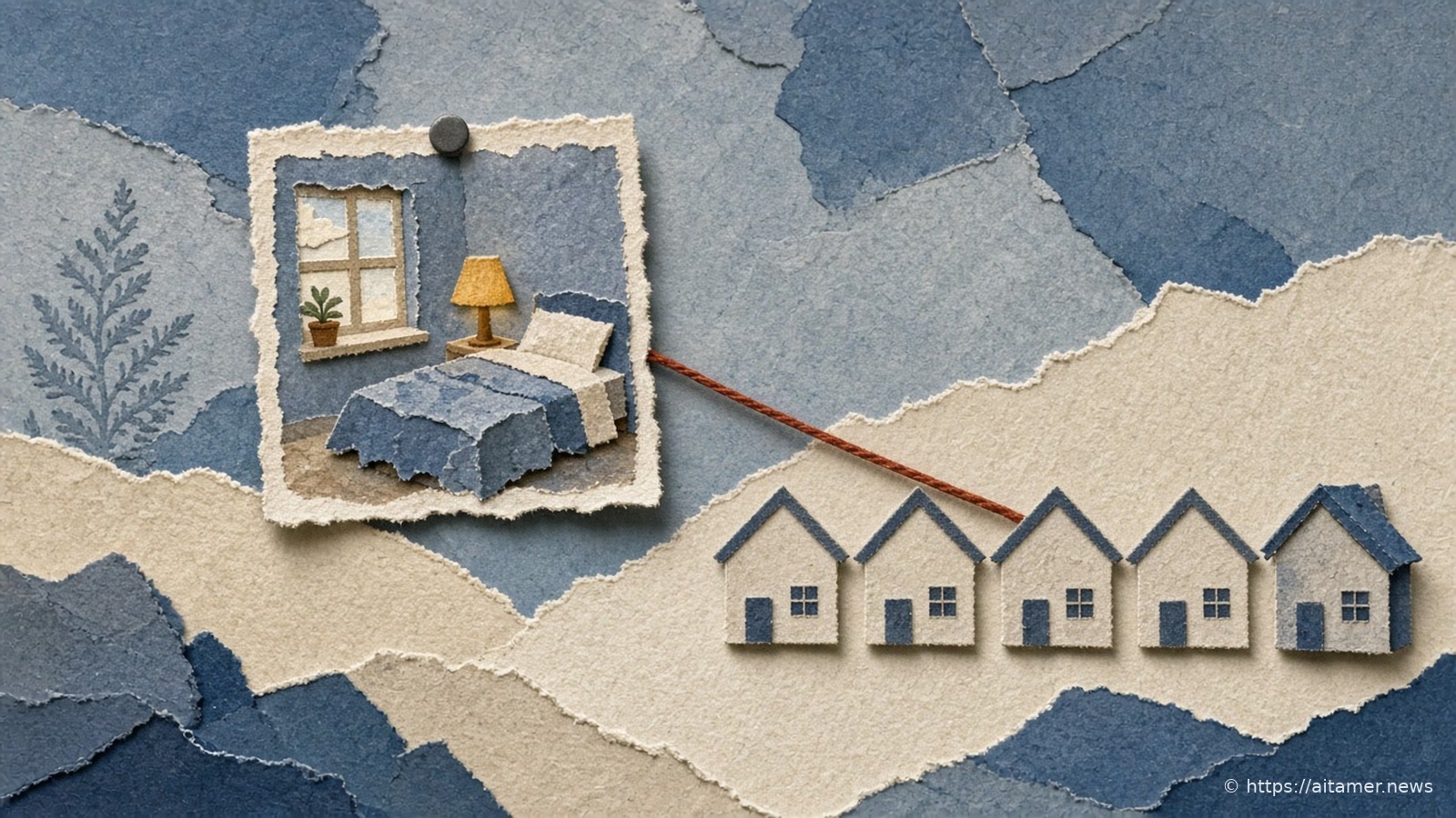 A pinned paper snapshot of a bedroom with a window and lamp, joined by a rust-red thread to one house in a row of identical cream paper houses.