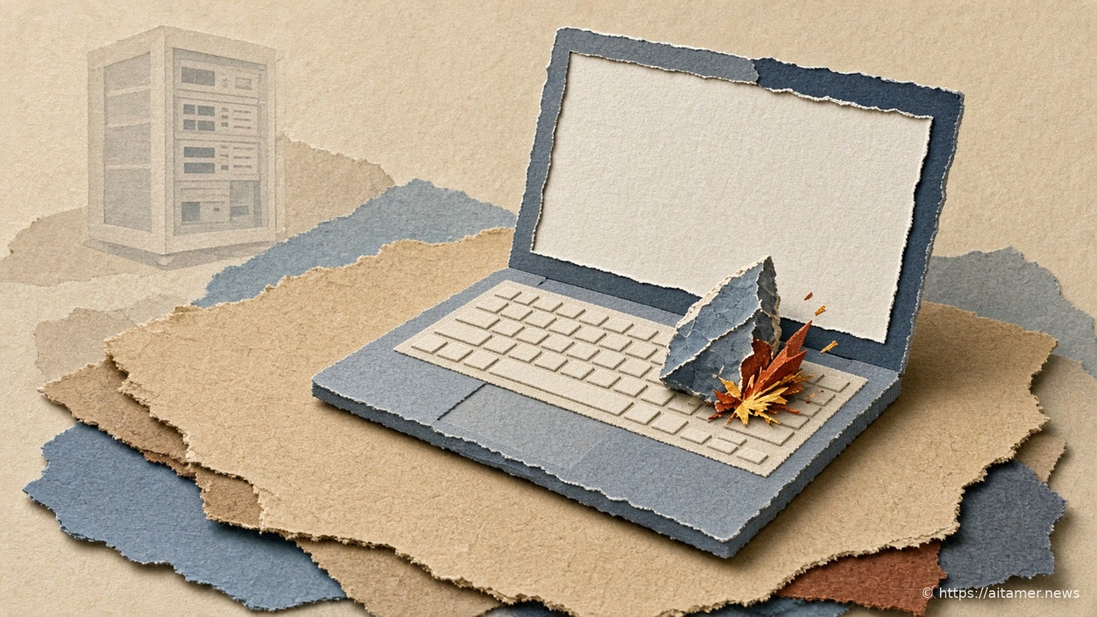 Paper-cut illustration of a flint stone striking small sparks on an open laptop keyboard, with a faint server rack far in the background.