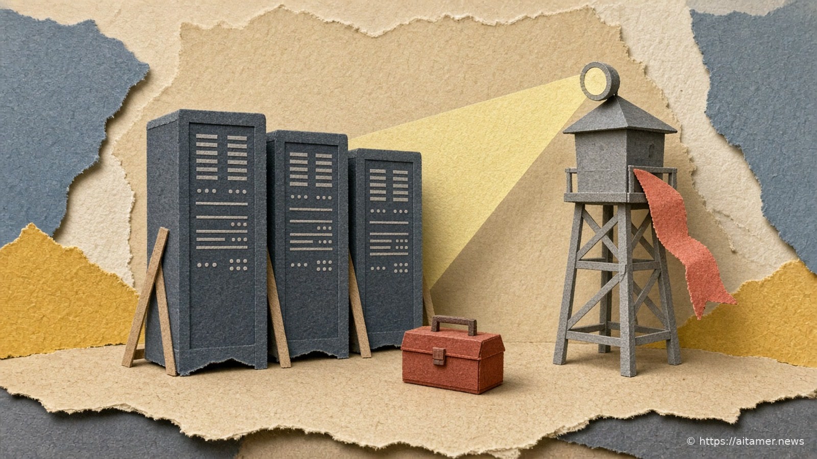 Cut-paper illustration of a stage set of flat slate-blue server racks propped from behind, lit by a pale yellow beam from a small grey watchtower, with a rust-red toolbox in the middle.