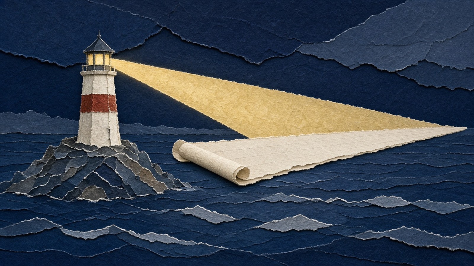 Paper-cut collage of a cream lighthouse with a rust-red band on a dark rock, its broad sulfur-yellow beam lighting a long unrolled ivory scroll stretching across a navy paper sea.