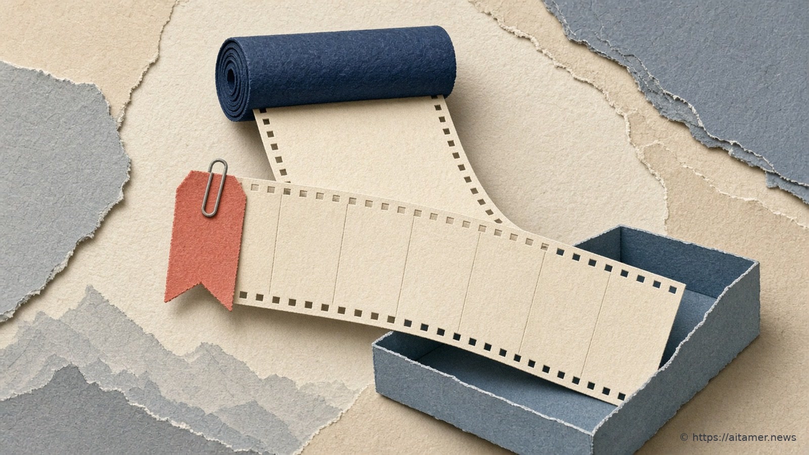 A blank cream paper film strip unrolling from a navy spool into a shallow steel-blue paper tray, with a coral bookmark clipped to an earlier frame, on torn blue-grey paper.