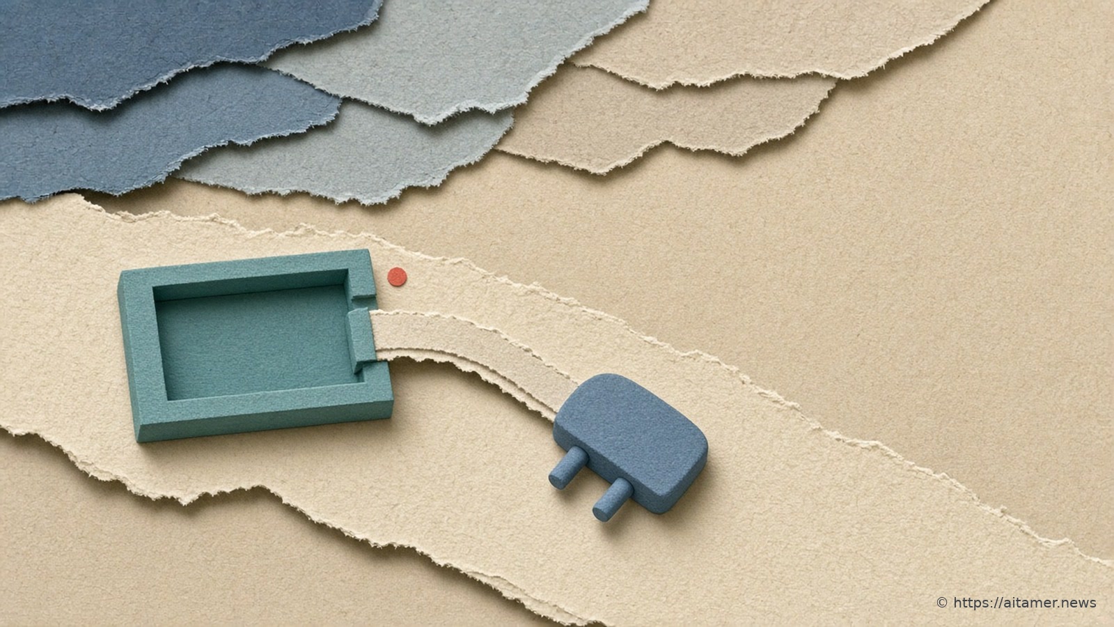 Cream paper layers with a teal socket frame, a cream ribbon, and a slate-blue two-prong plug; small coral dot near the socket.