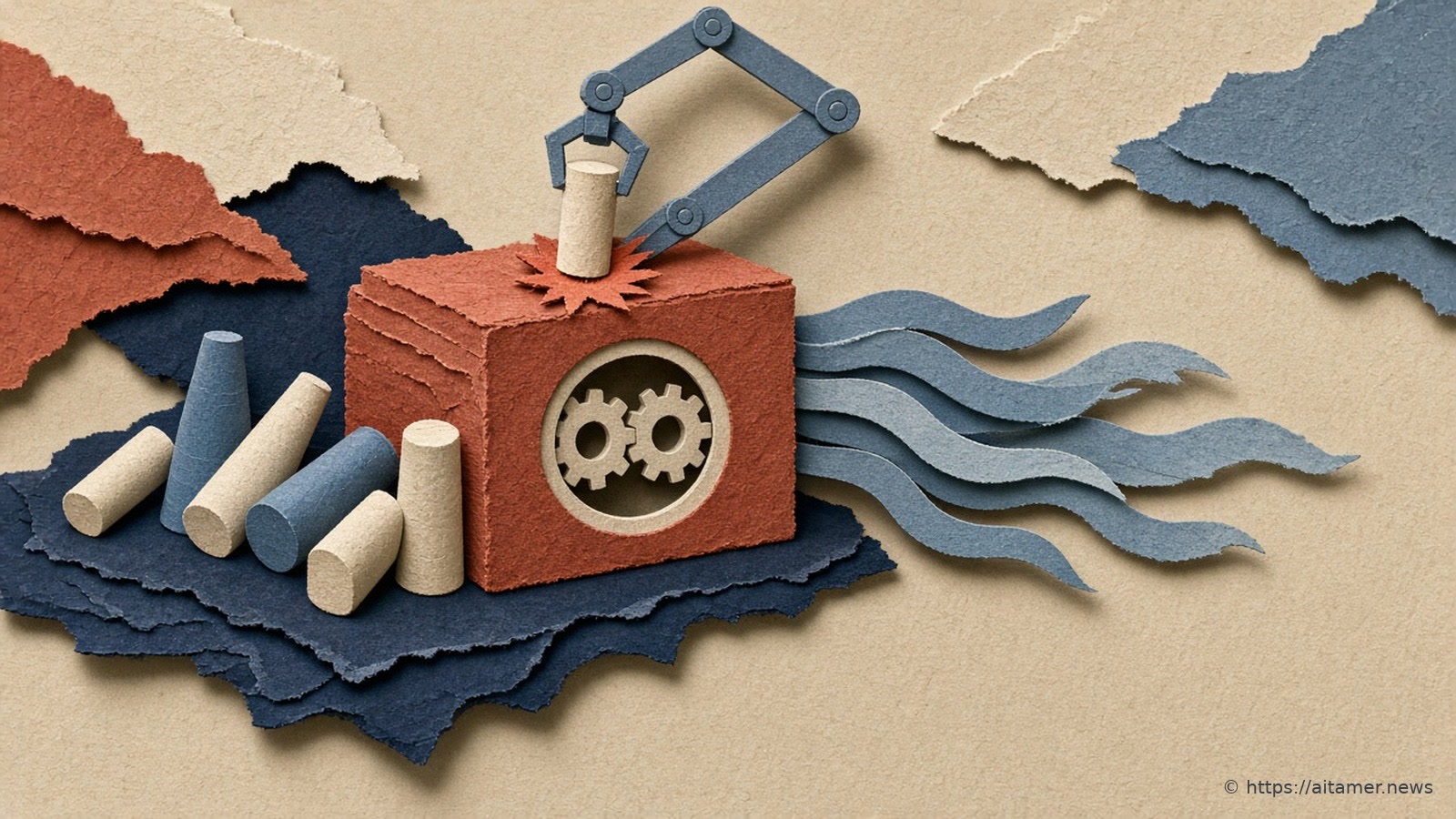 Cut-paper illustration of a rust-red engine block on a navy base, with a robot arm slotting one of several interchangeable cartridges into it.