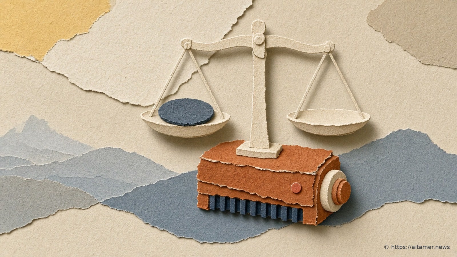 A cream paper balance scale rests on a rust-colored paper engine block, one pan holding a navy disc, over layered blue and sand paper hills.