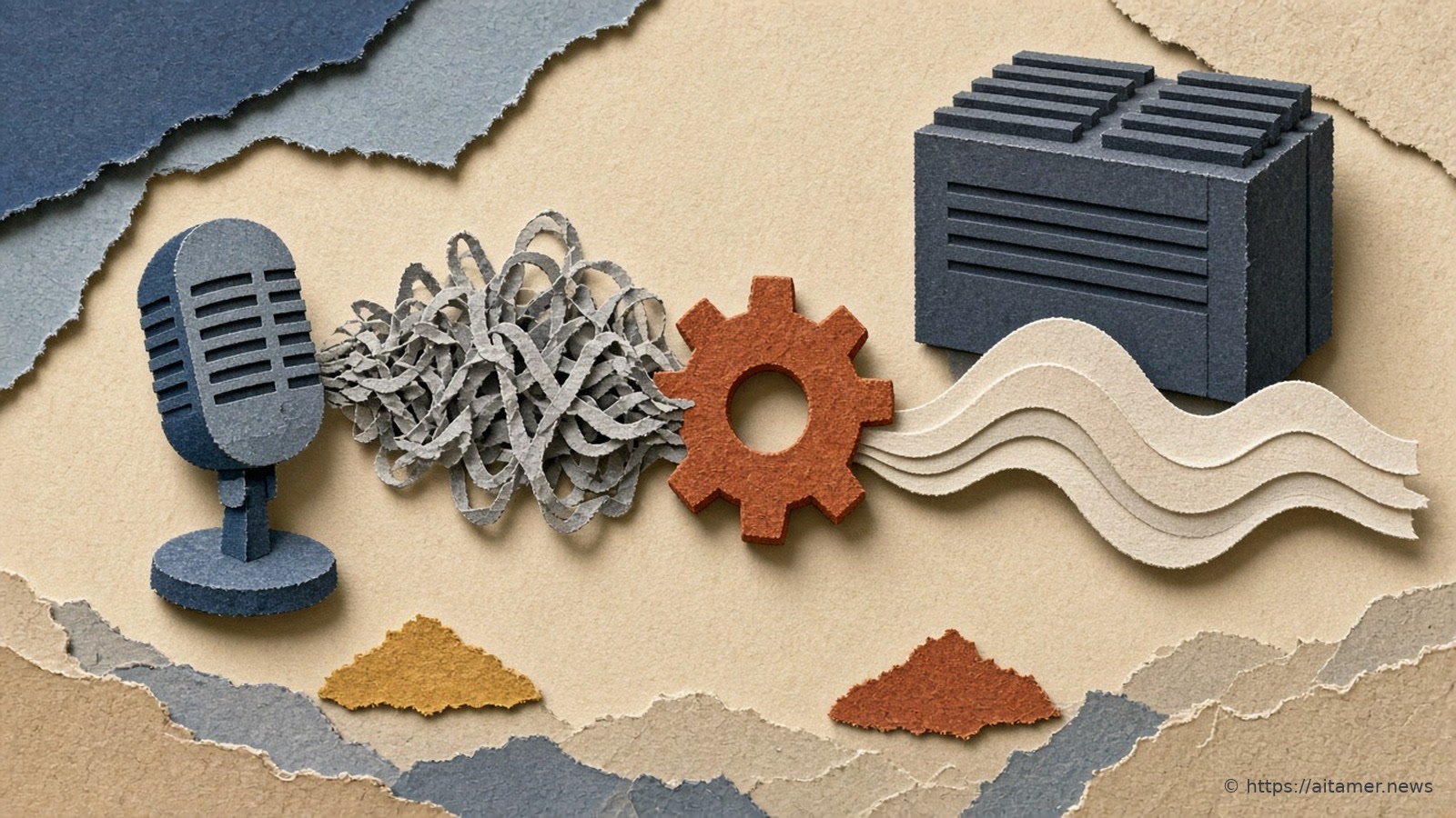 Paper-cut illustration of a microphone sending a tangled sound wave through a small rust-orange gear that turns it into a smooth wave, with a large idle box behind.