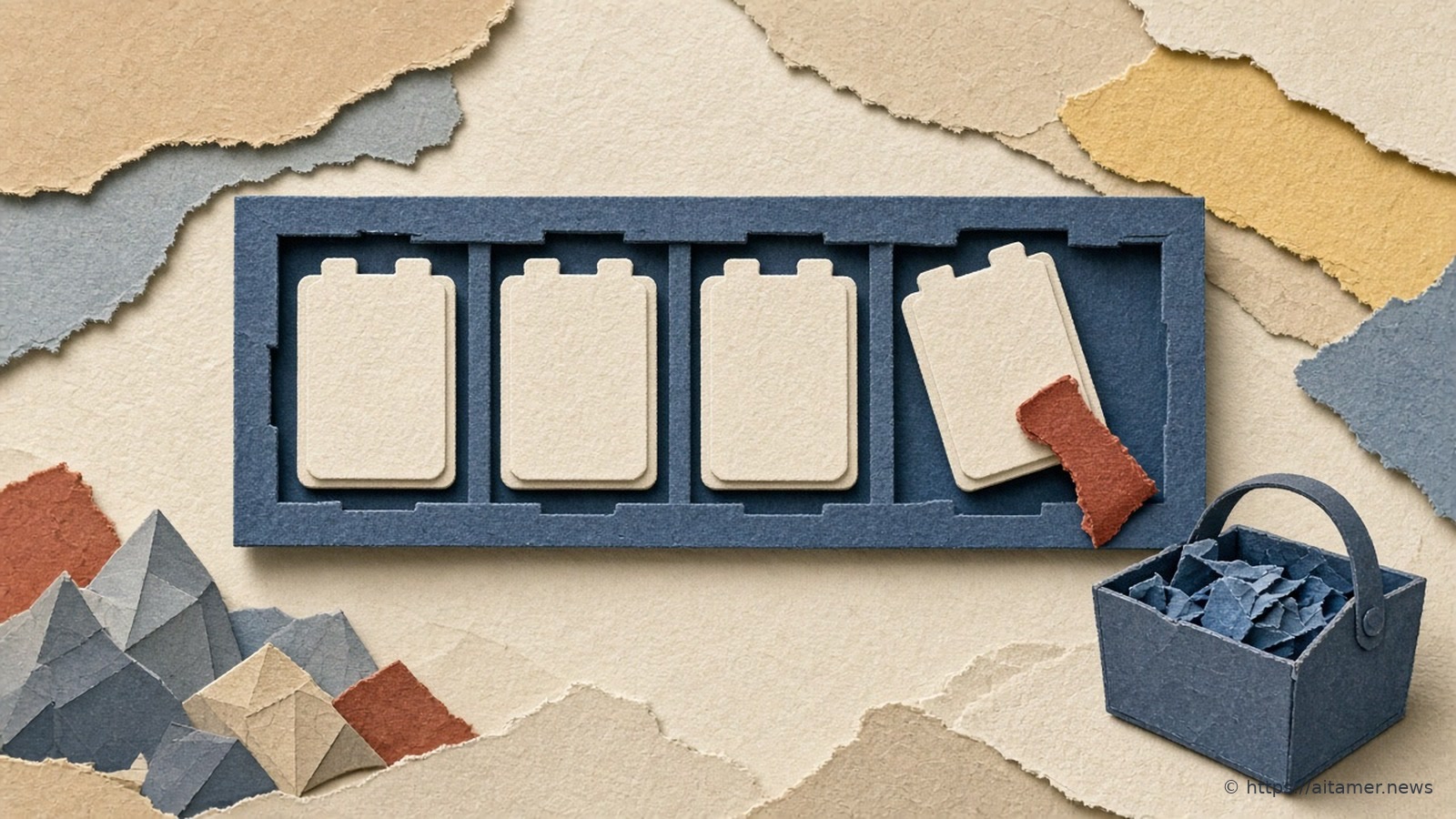 A slate-blue cut-paper frame of modular ivory blocks on a cream workbench, one block lifted by a rusty-red tab, a small open toolbox beside it.