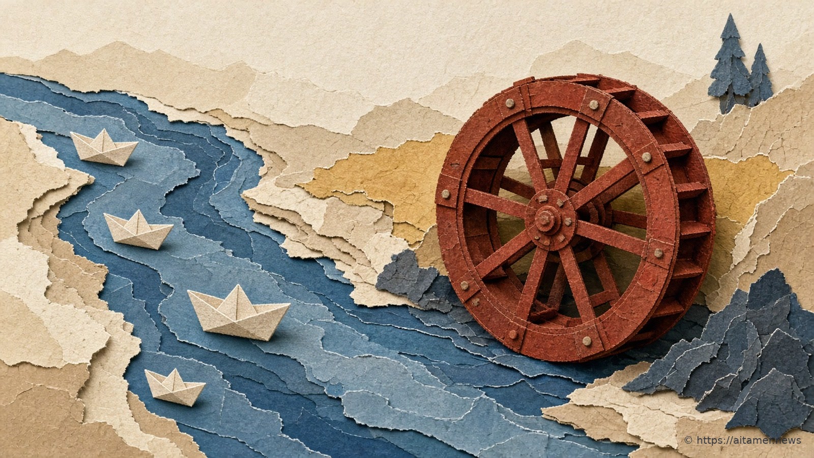 A blue torn-paper river carrying small paper boats past a rust-red paper waterwheel on its bank.