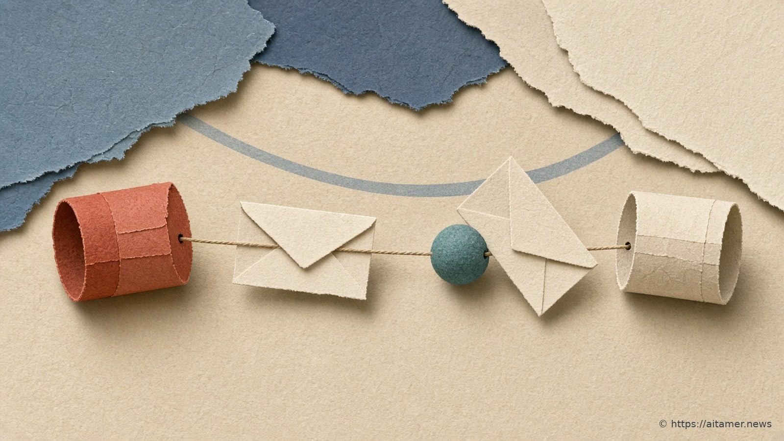 A rust-red paper tin can and a cream paper tin can are joined by a taut string carrying two cream paper envelopes and a teal bead, under a faint slate-blue arc and torn blue and cream paper layers.