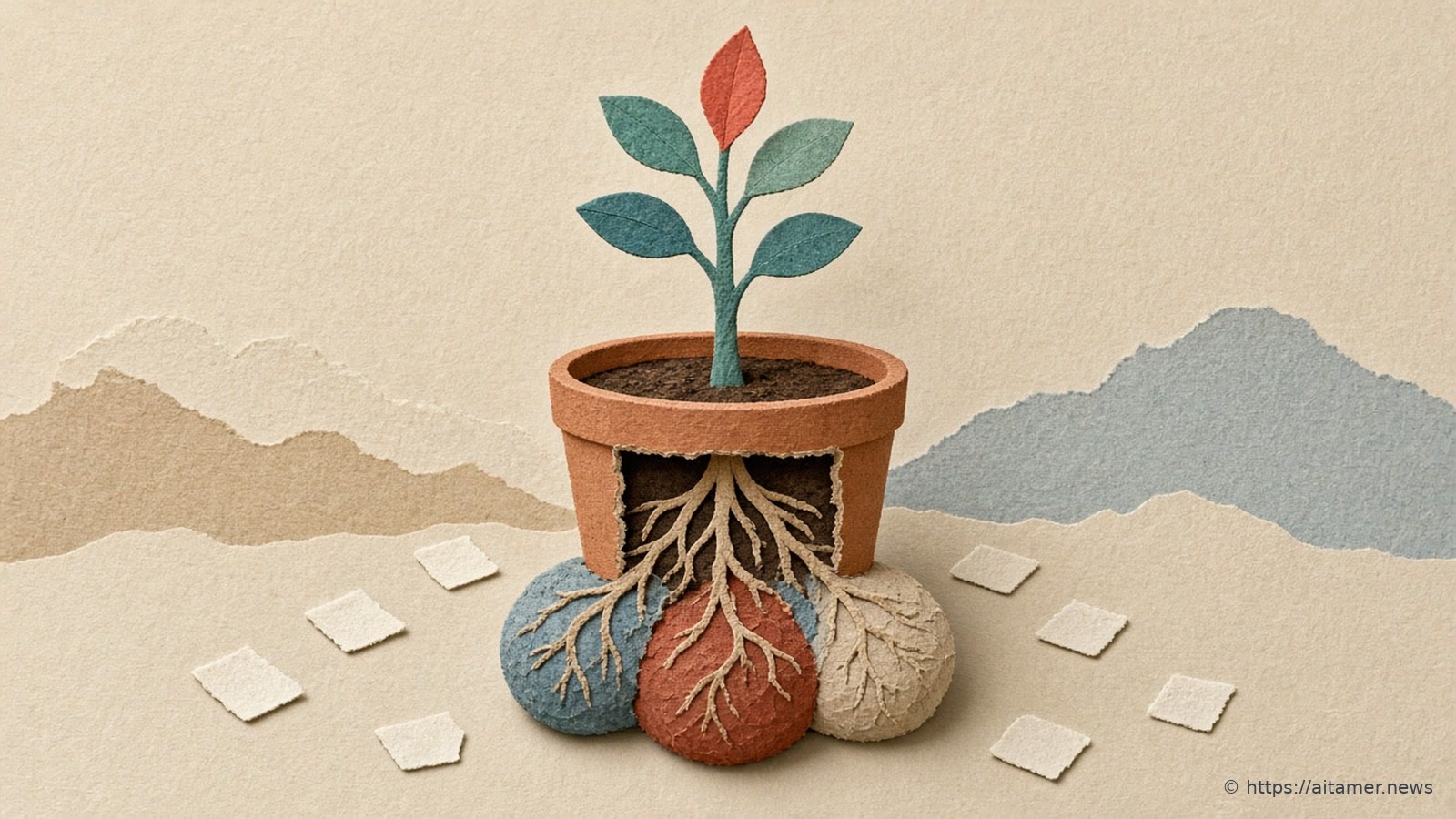 Cut-paper illustration of a teal sapling in a terracotta pot whose cutaway roots grow into one large rust-red root ball and smaller blue and sand ones, with blank paper tags around it.
